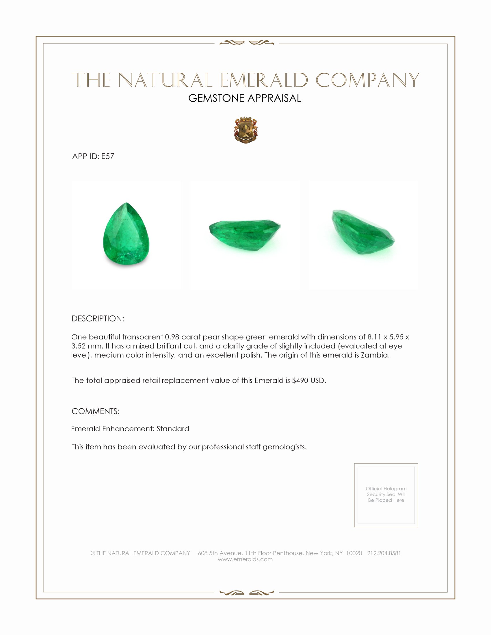 0.98 Ct. Emerald from Zambia