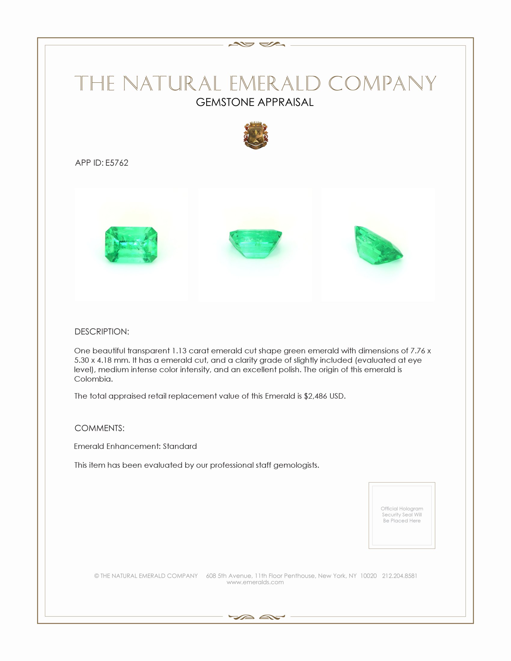 1.13 Ct. Emerald from Colombia