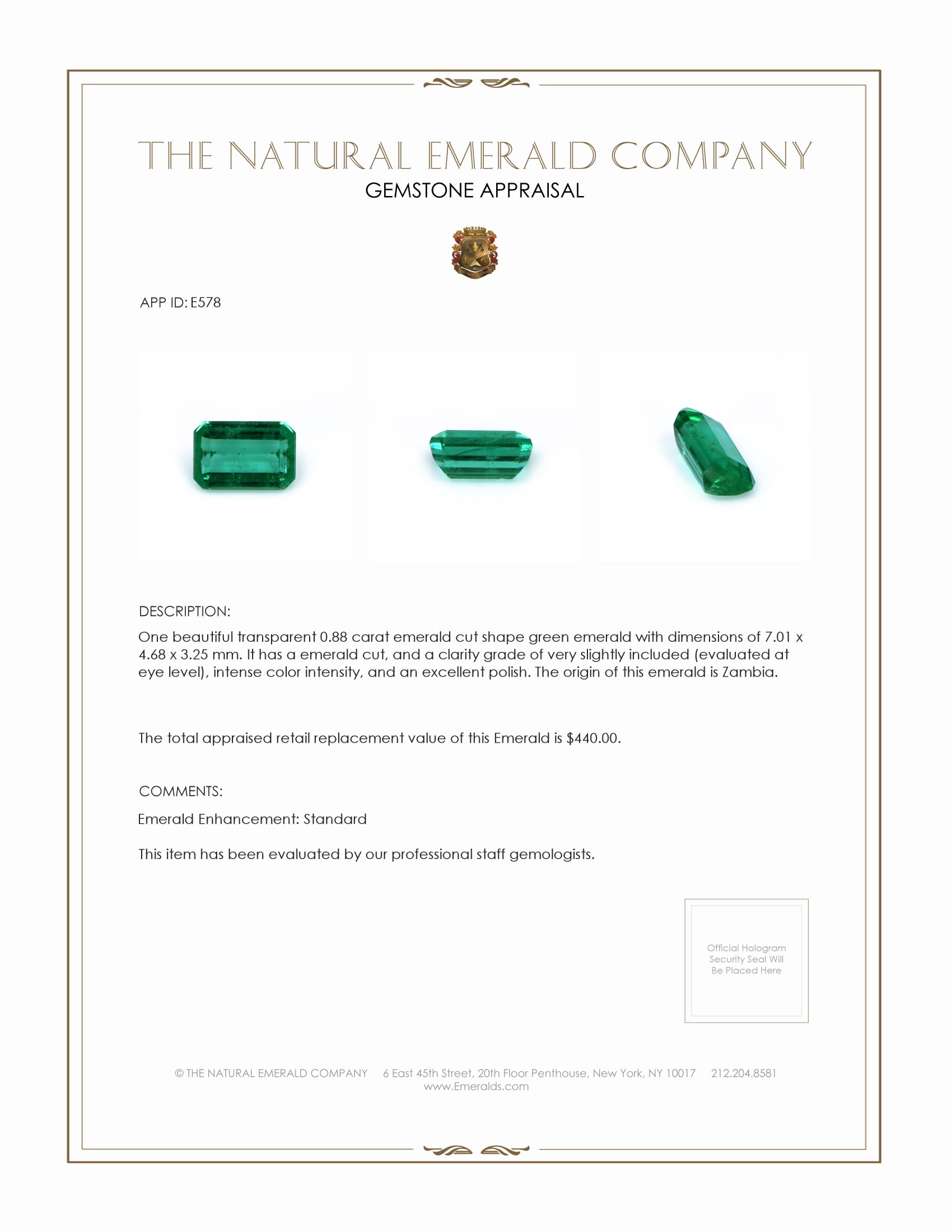 0.88 Ct. Emerald from Zambia