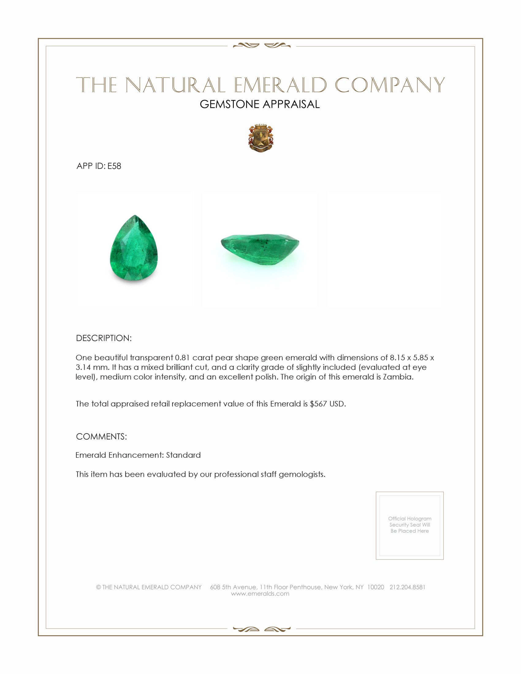 0.81 Ct. Emerald from Zambia