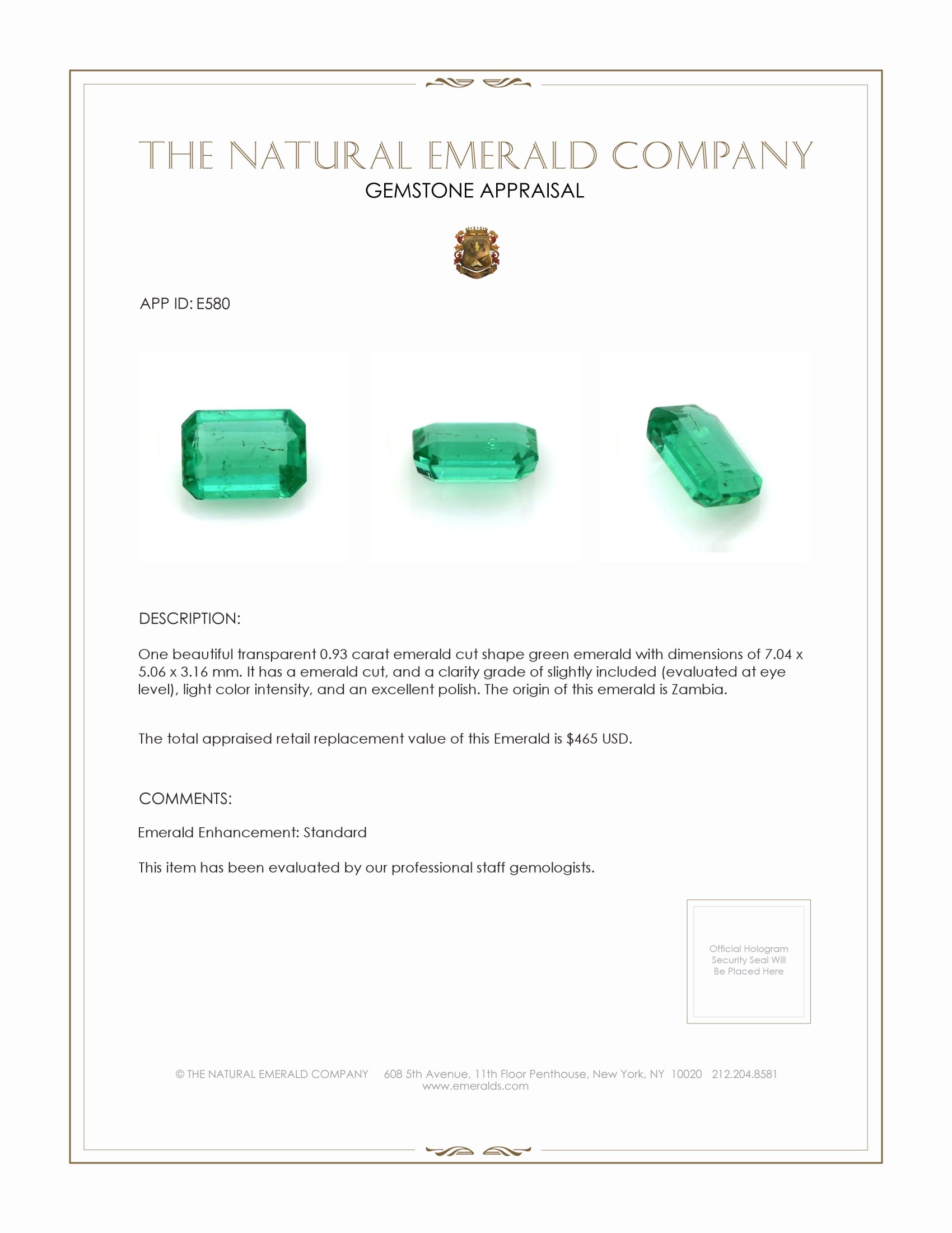 0.93 Ct. Emerald from Zambia