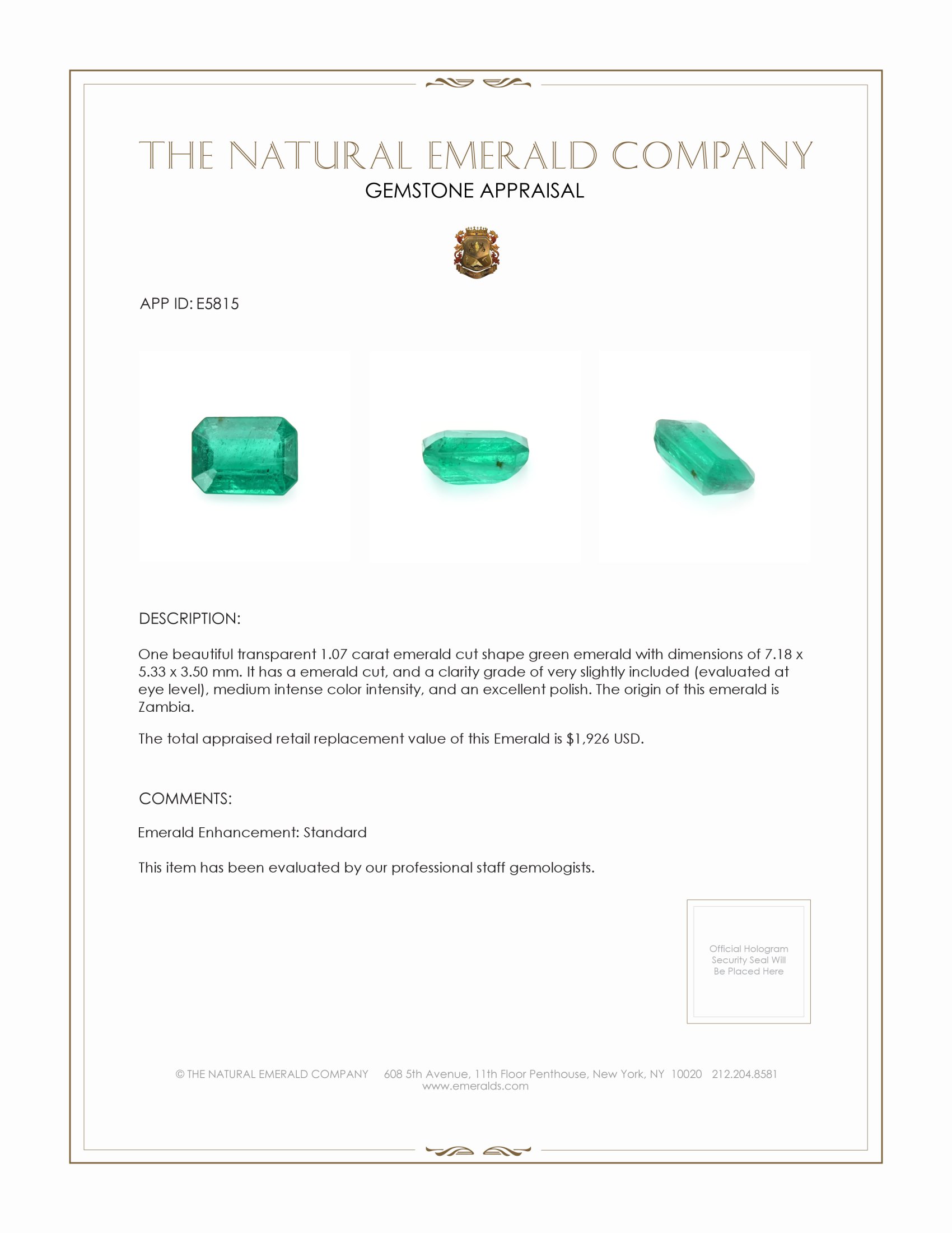 1.07 Ct. Emerald from Zambia