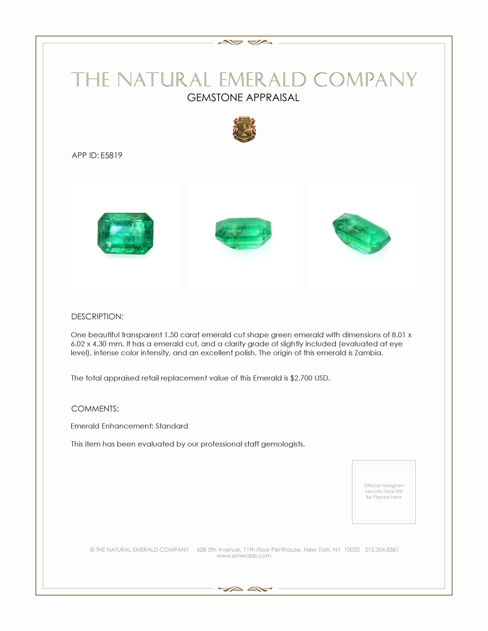 1.50 Ct. Emerald from Zambia