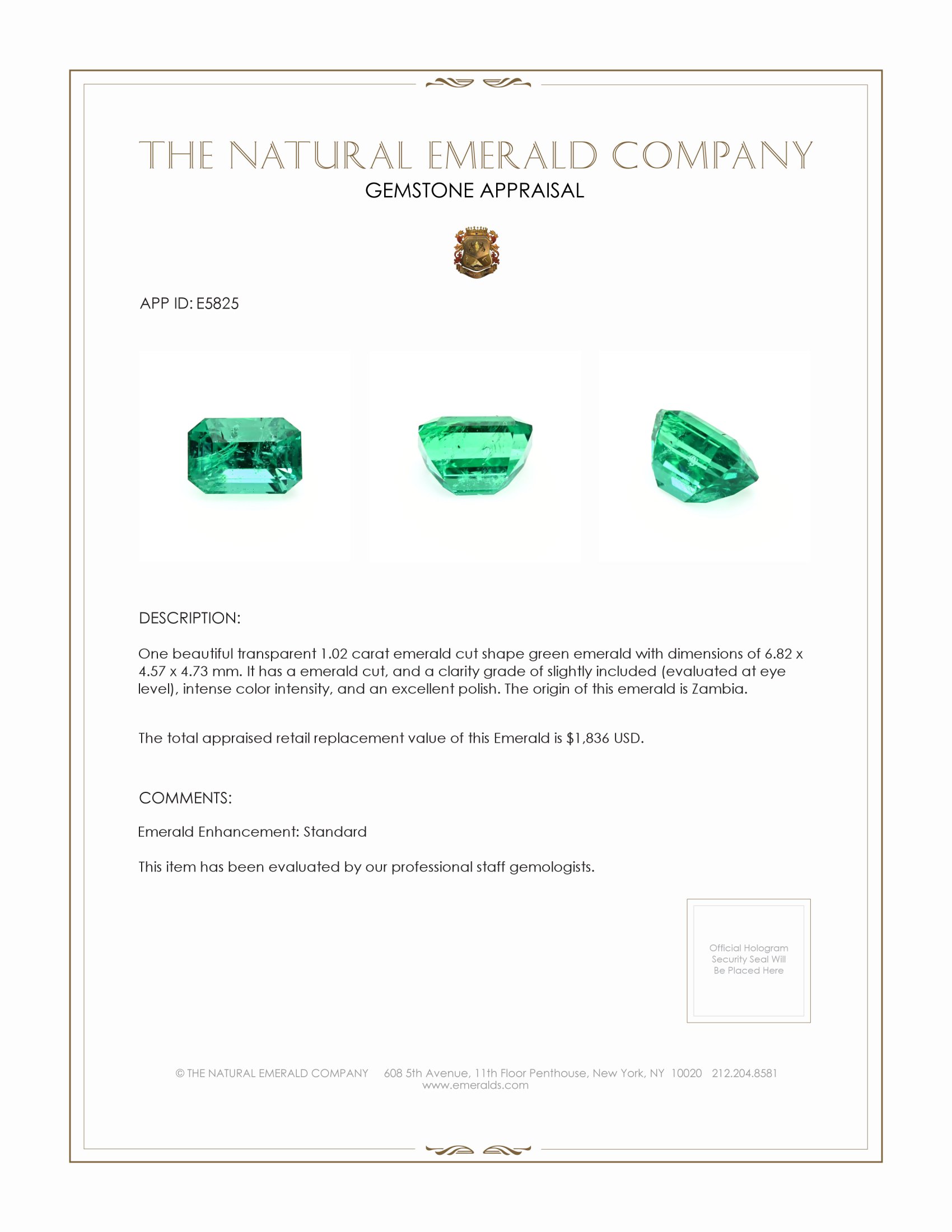 1.02 Ct. Emerald from Zambia