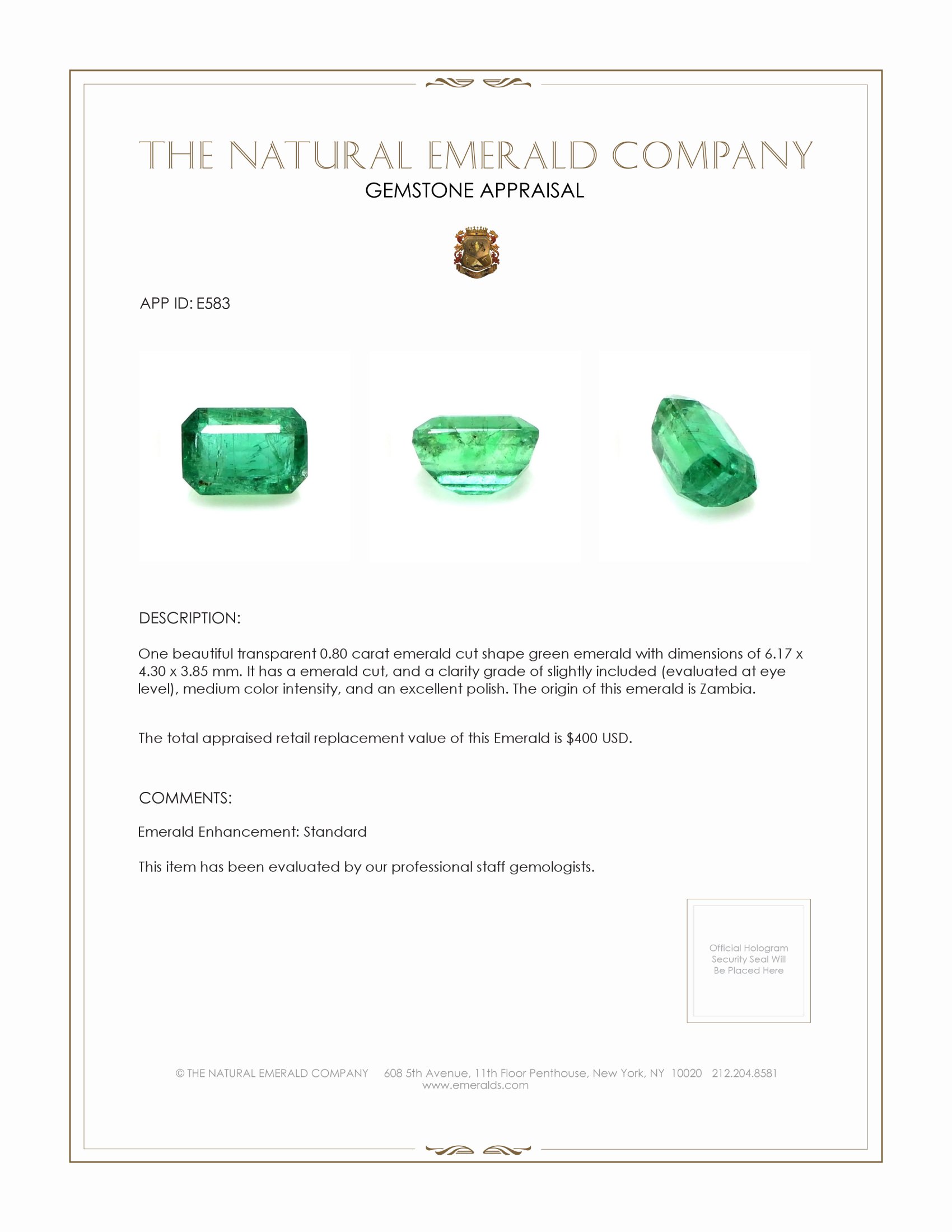 0.80 Ct. Emerald from Zambia