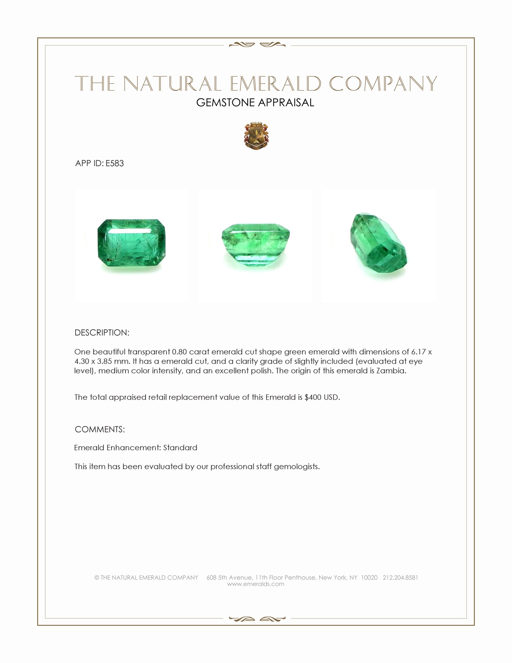 0.80 Ct. Emerald from Zambia