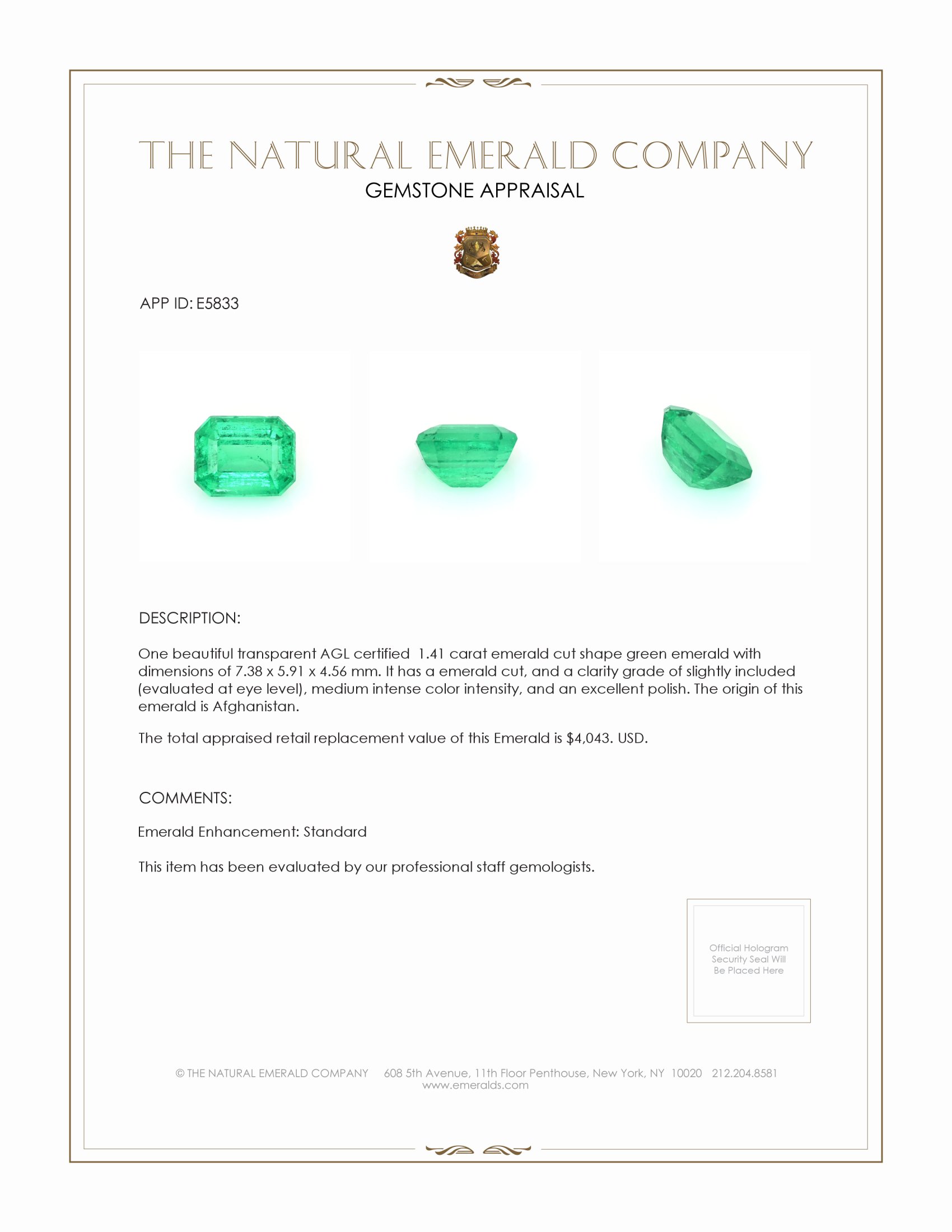 1.41 Ct. Emerald from Afghanistan