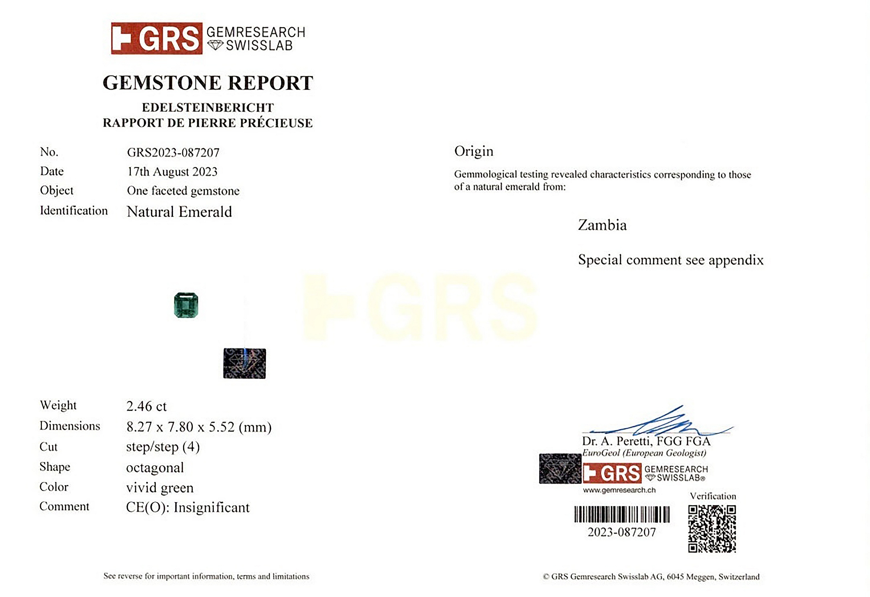 2.46 Ct. Emerald from Zambia