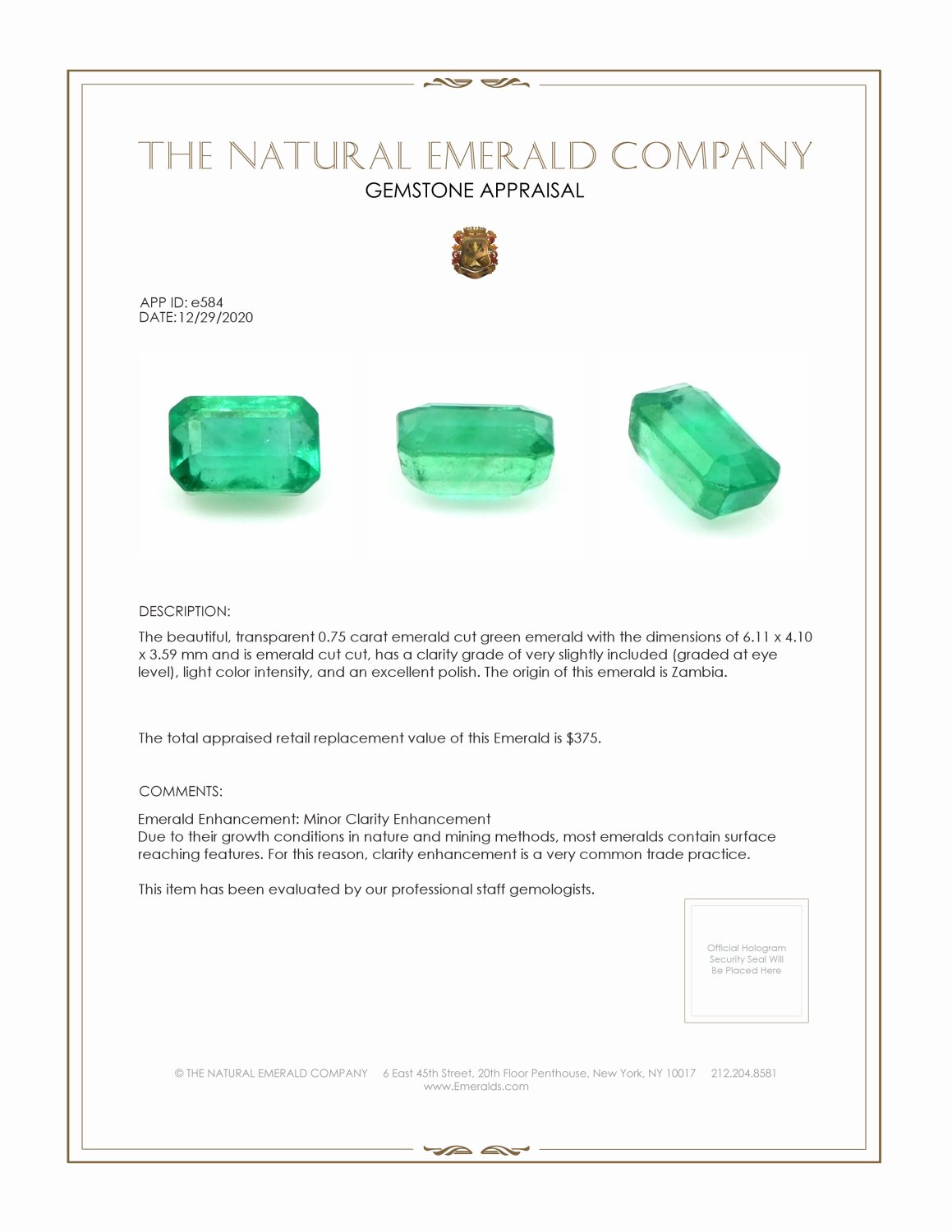 0.75 Ct. Emerald from Zambia