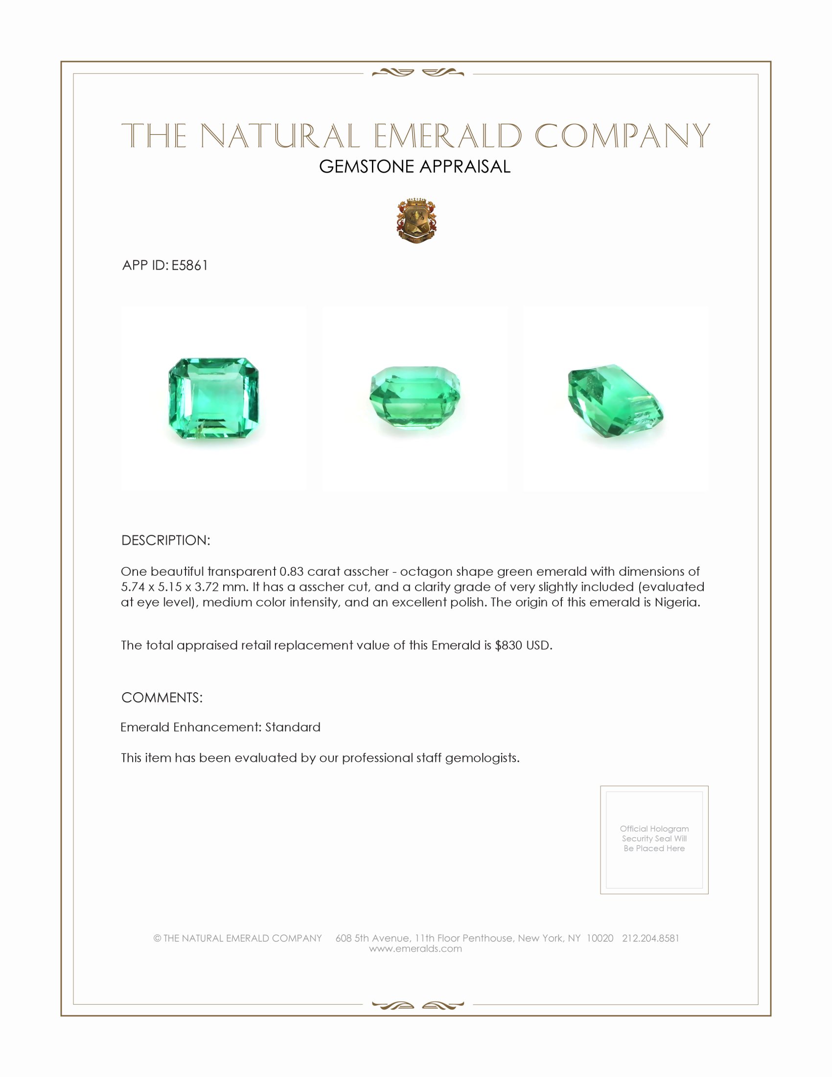 0.83 Ct. Emerald from Nigeria