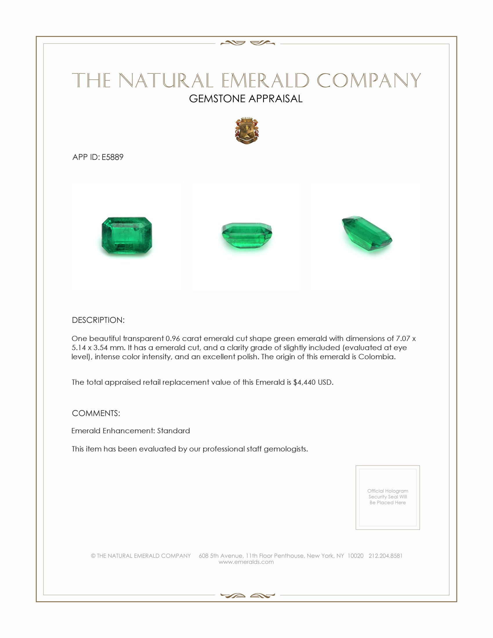 0.96 Ct. Emerald from Colombia