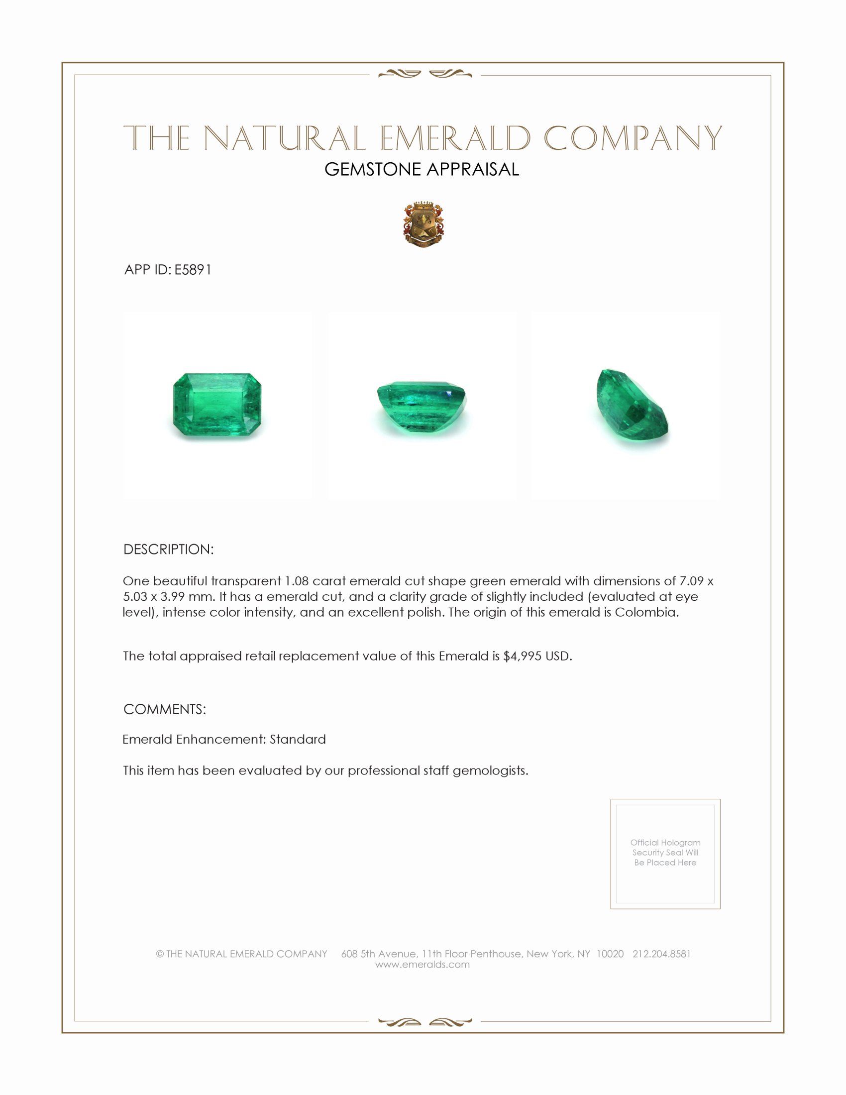 1.08 Ct. Emerald from Colombia