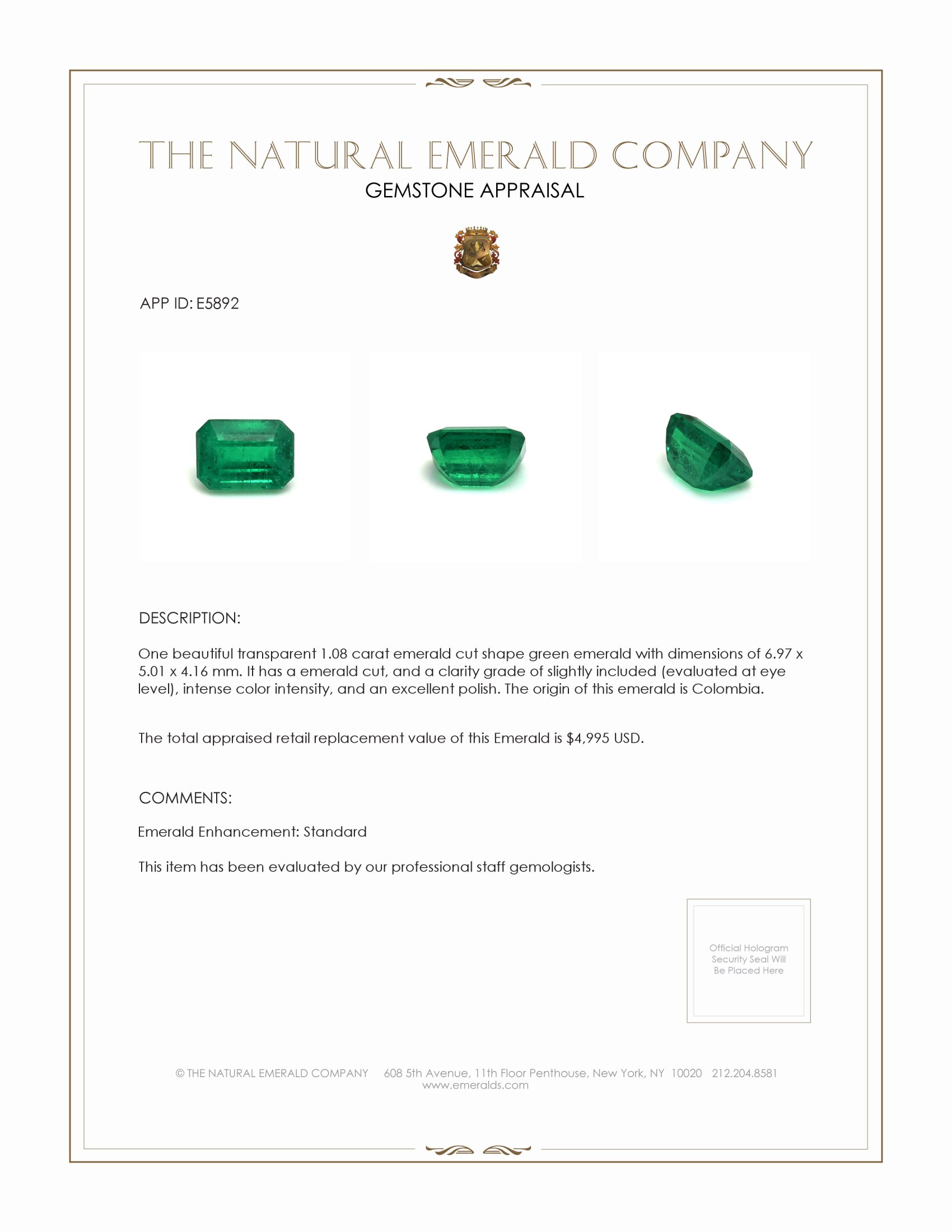 1.08 Ct. Emerald from Colombia