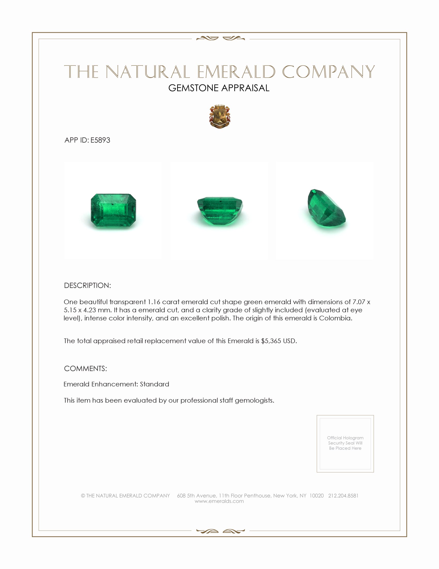 1.16 Ct. Emerald from Colombia