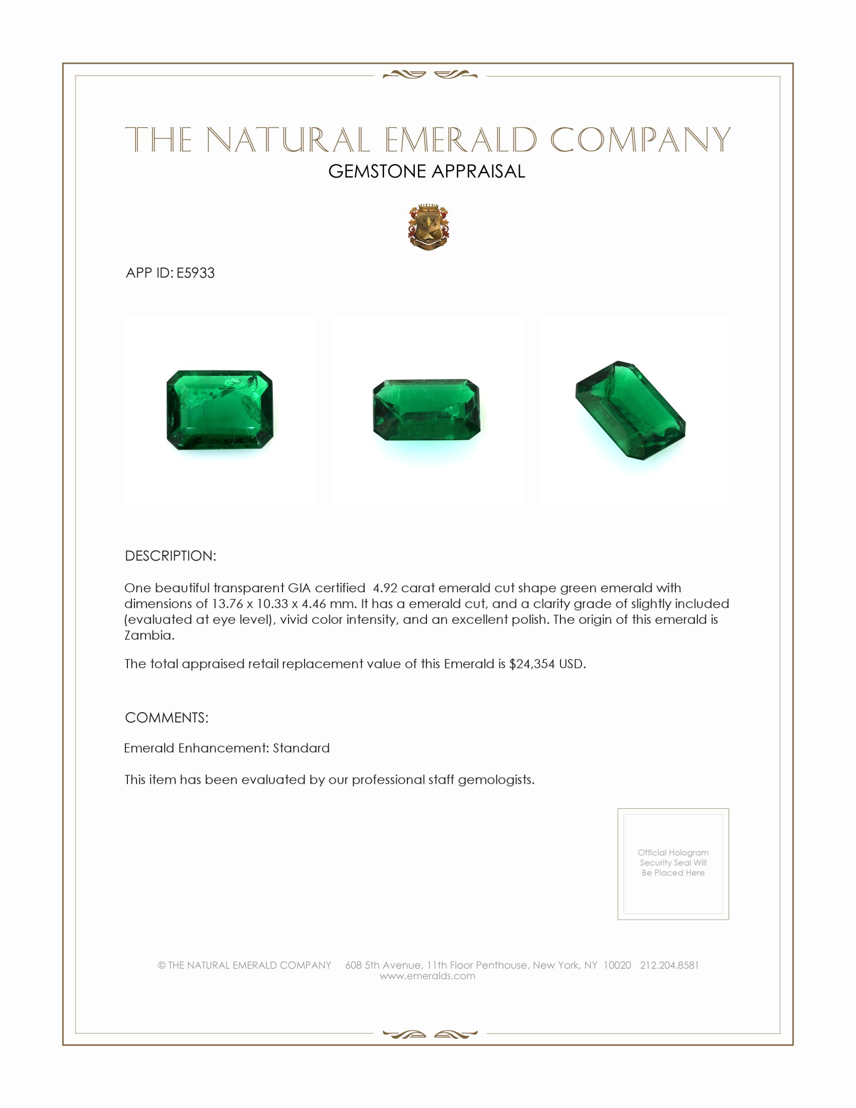 4.92 Ct. Emerald from Zambia