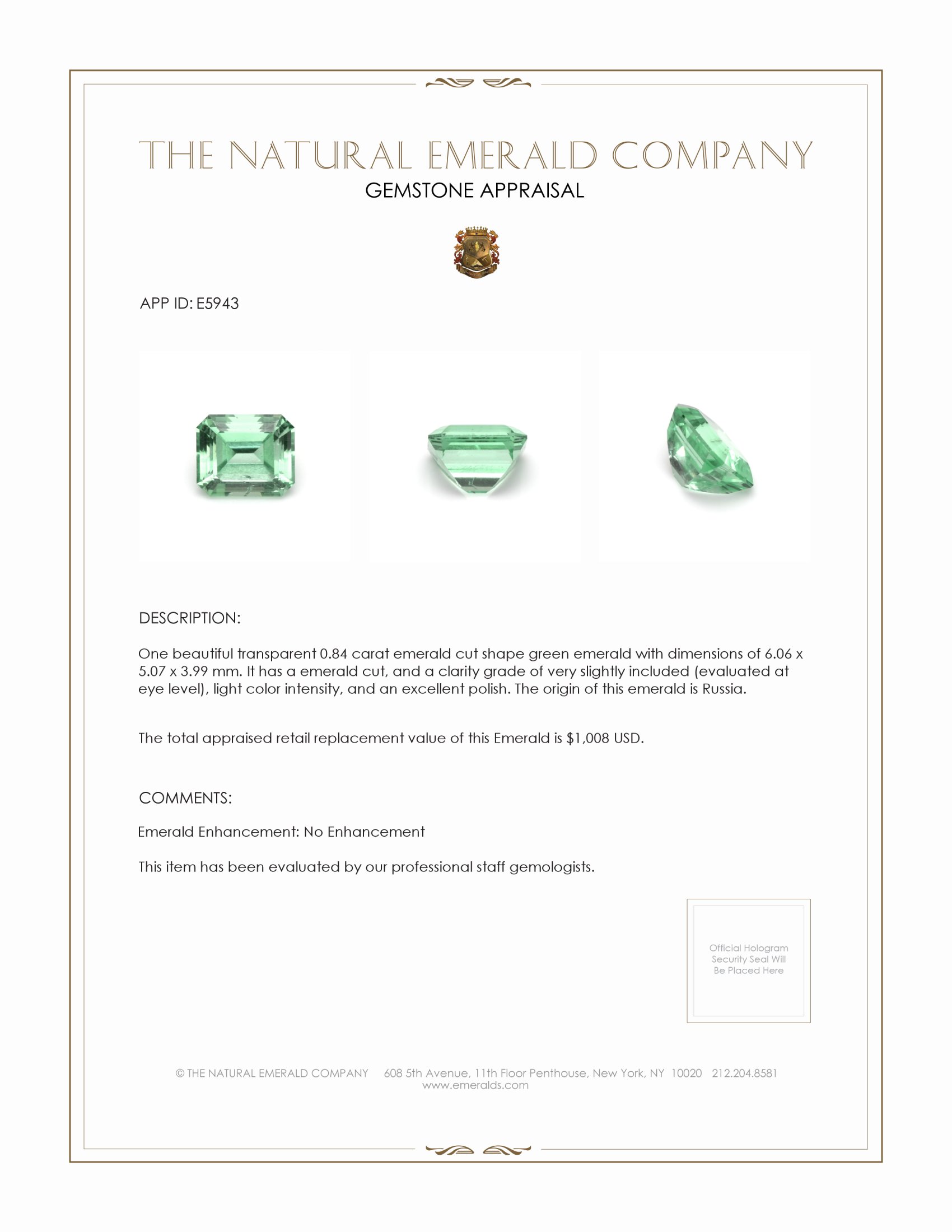 0.84 Ct. Emerald from Russia