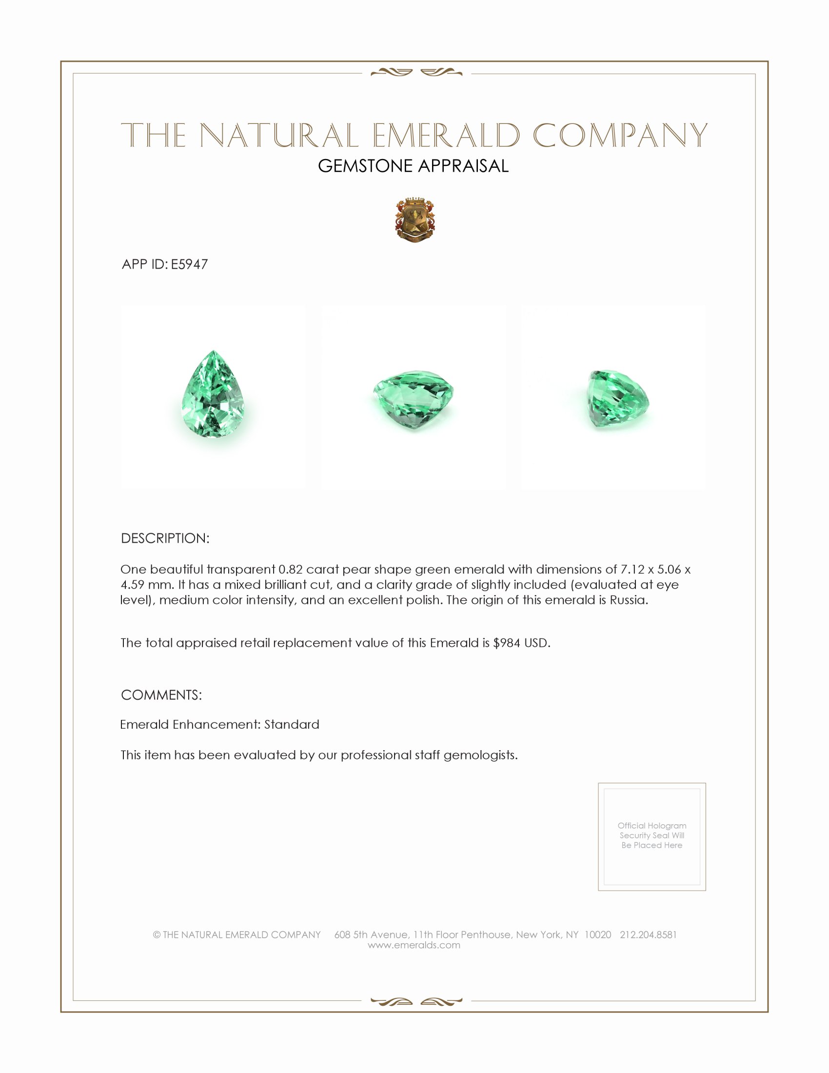 0.82 Ct. Emerald from Russia