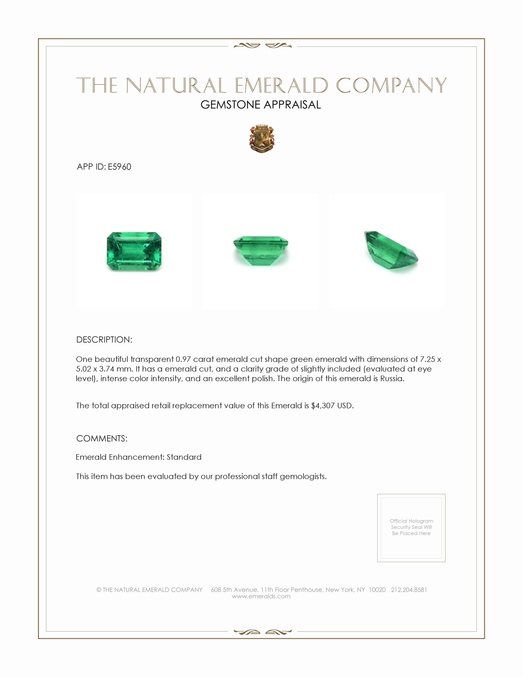 0.97 Ct. Emerald from Russia