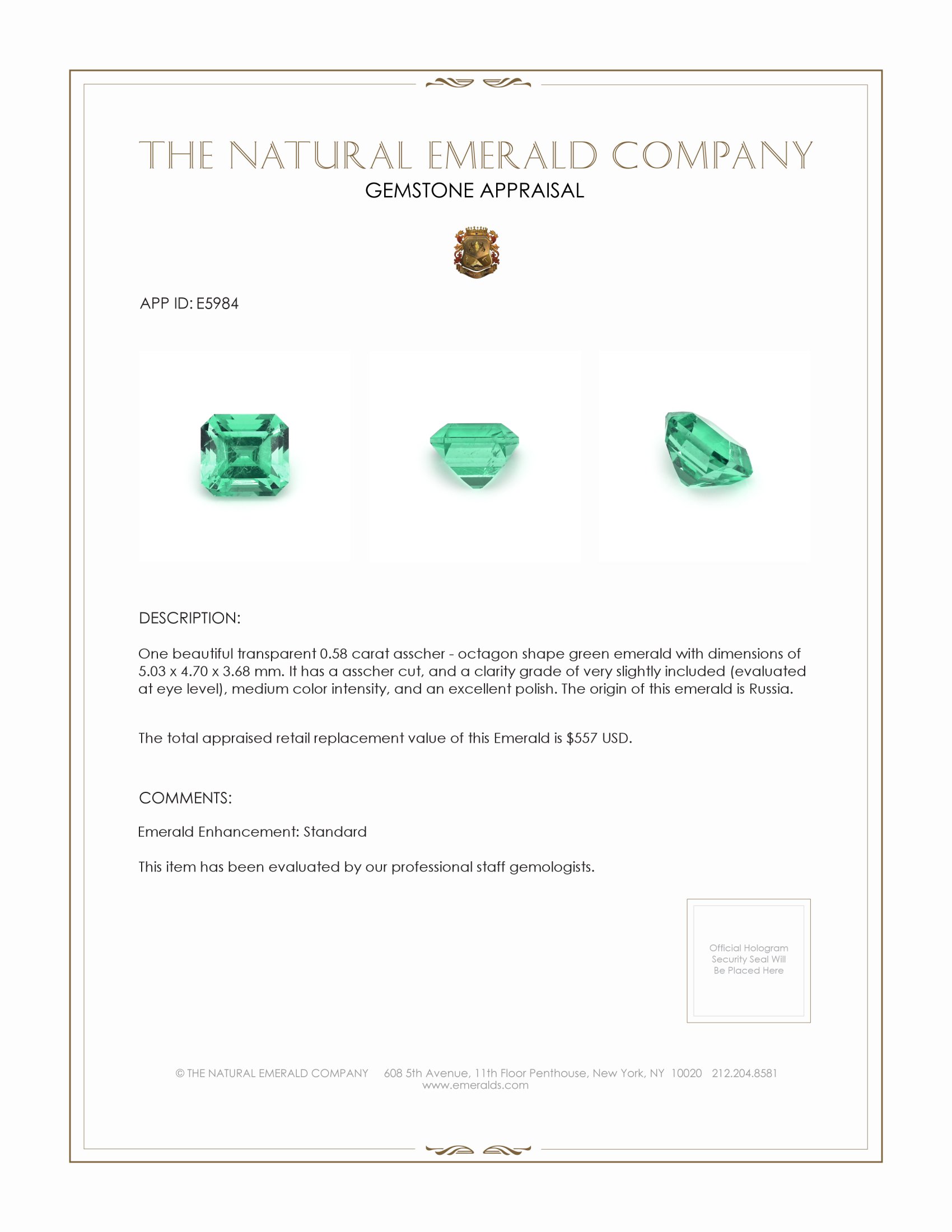 0.58 Ct. Emerald from Russia