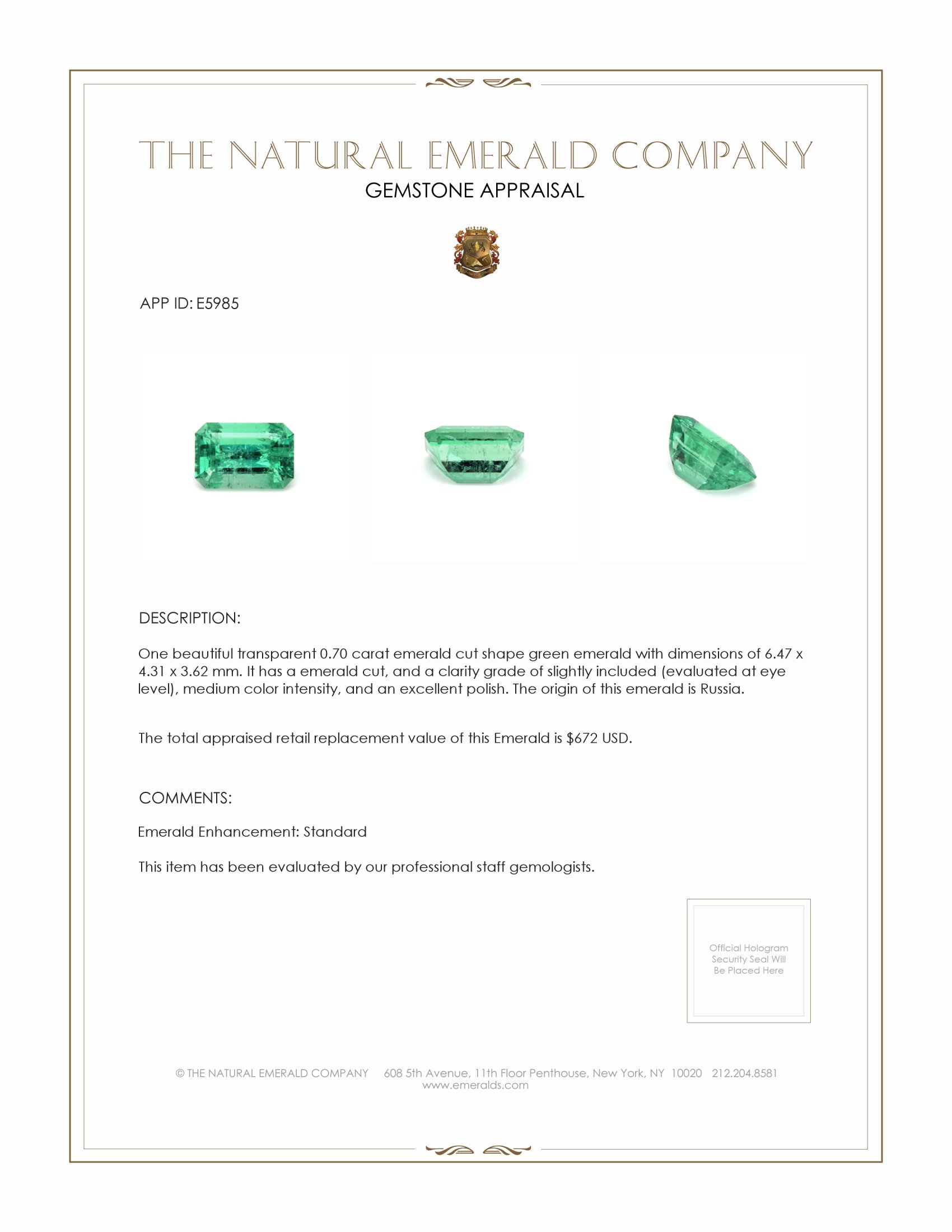 0.70 Ct. Emerald from Russia