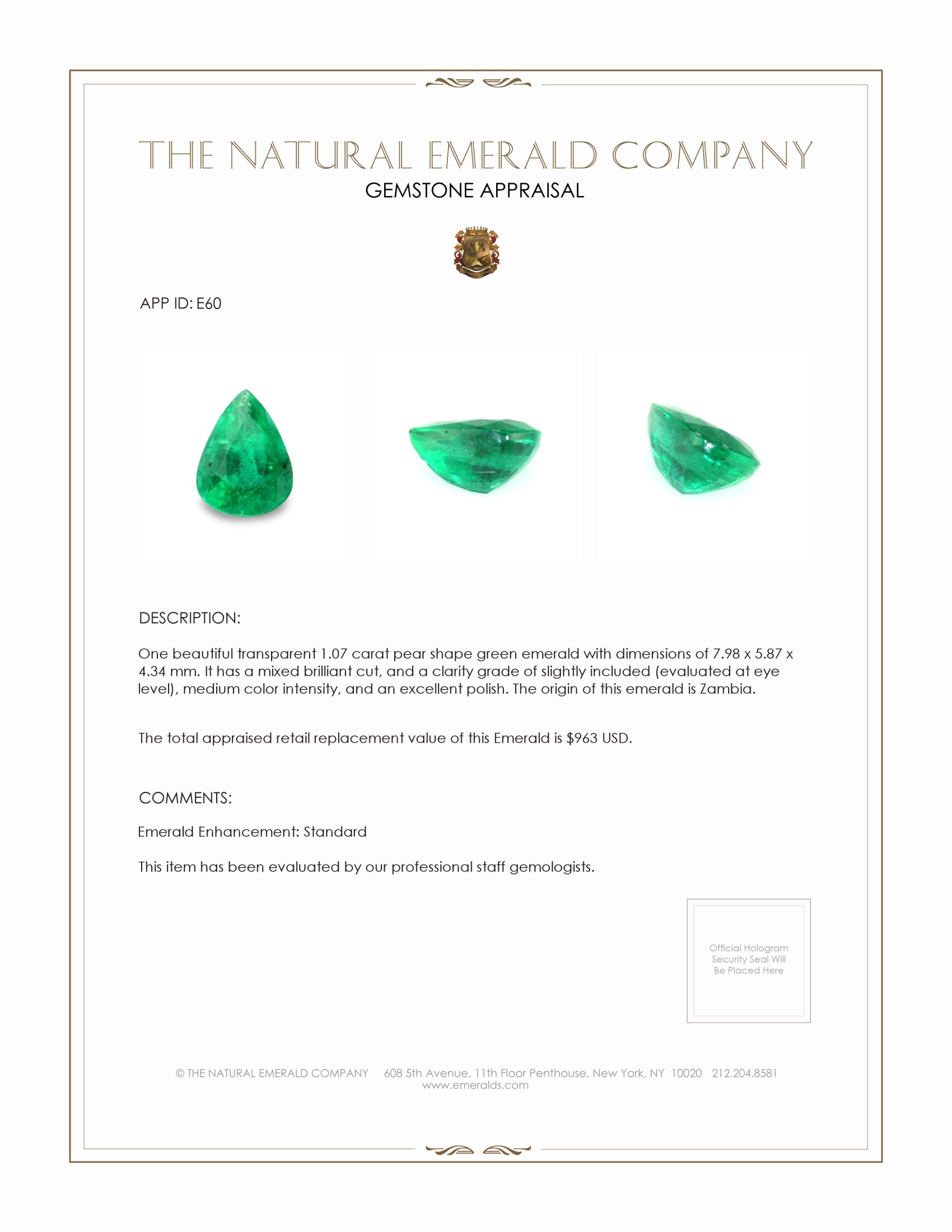 1.07 Ct. Emerald from Zambia