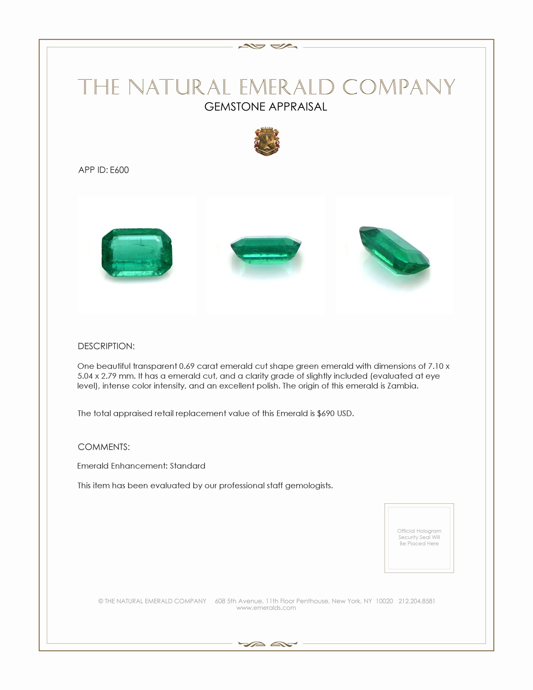 0.69 Ct. Emerald from Zambia