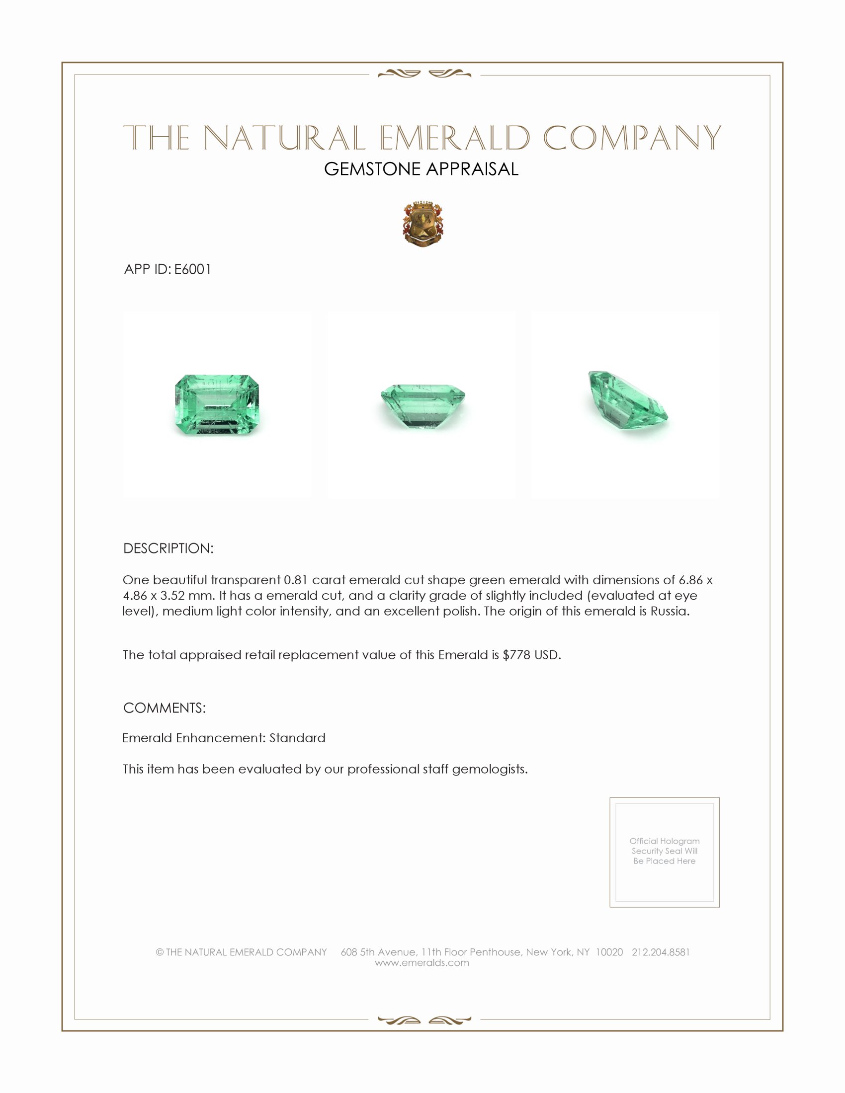 0.81 Ct. Emerald from Russia