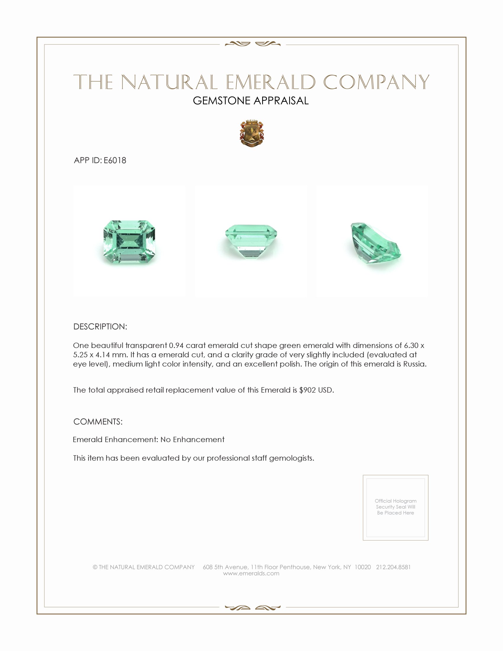 0.94 Ct. Emerald from Russia