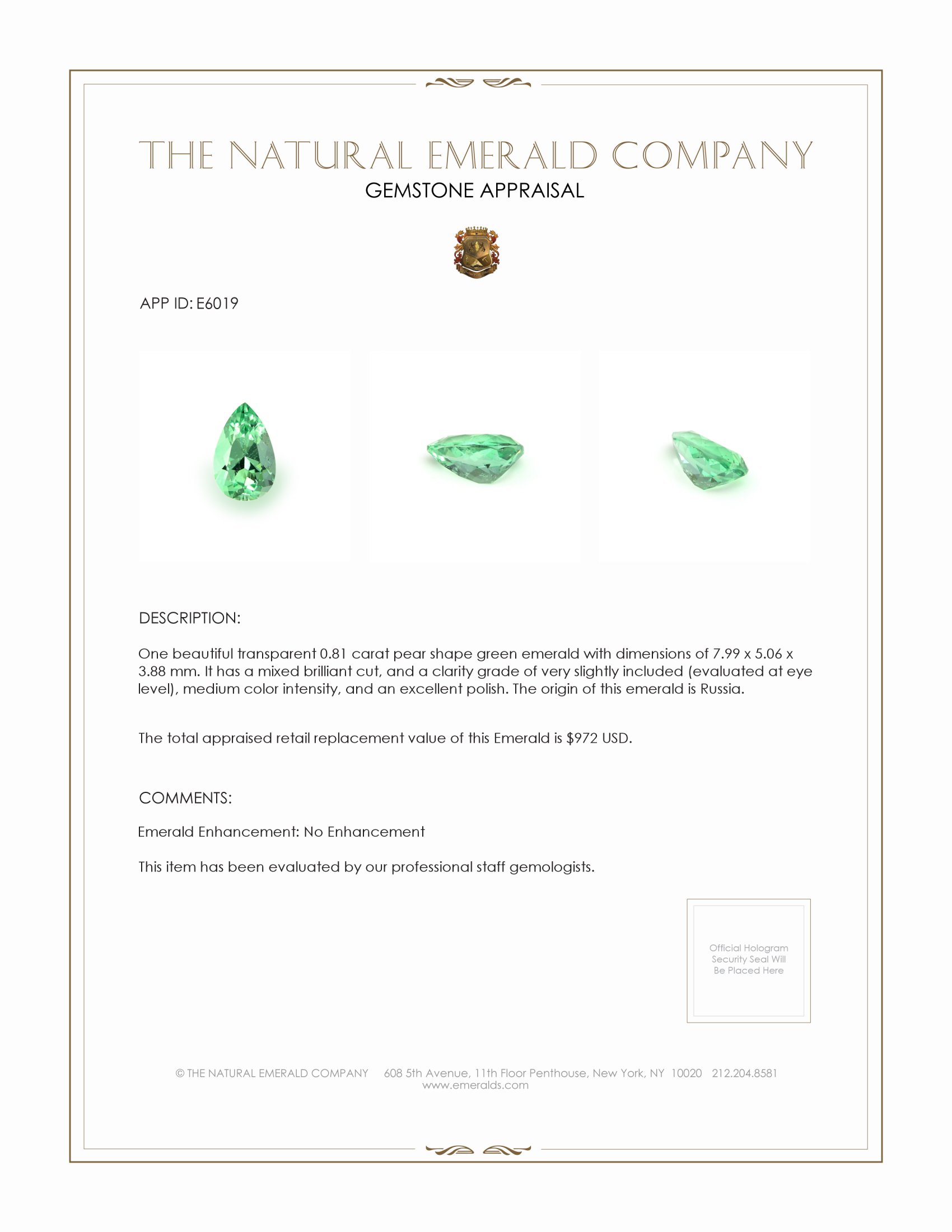 0.81 Ct. Emerald from Russia