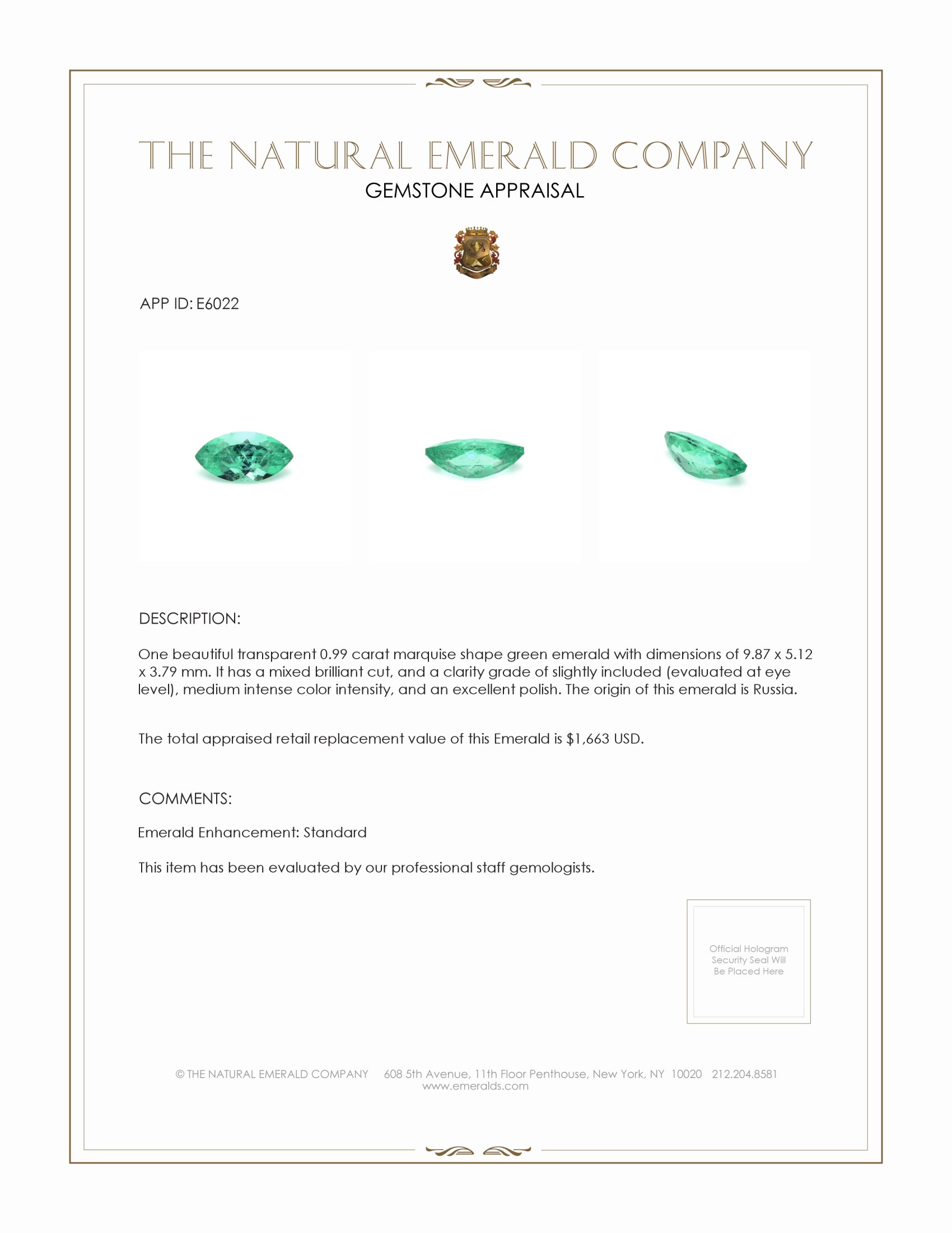 0.99 Ct. Emerald from Russia