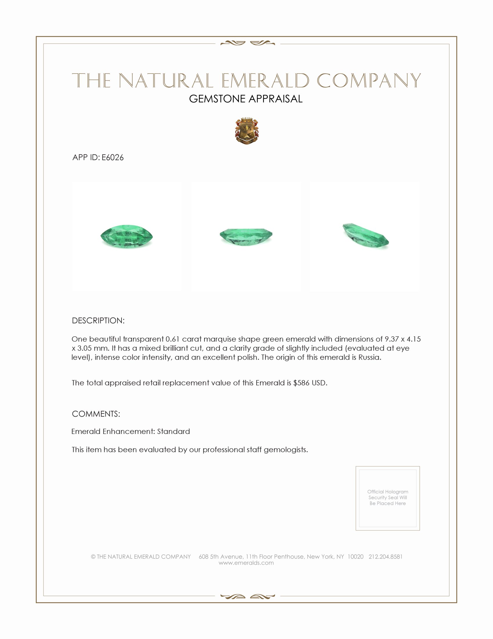 0.61 Ct. Emerald from Russia