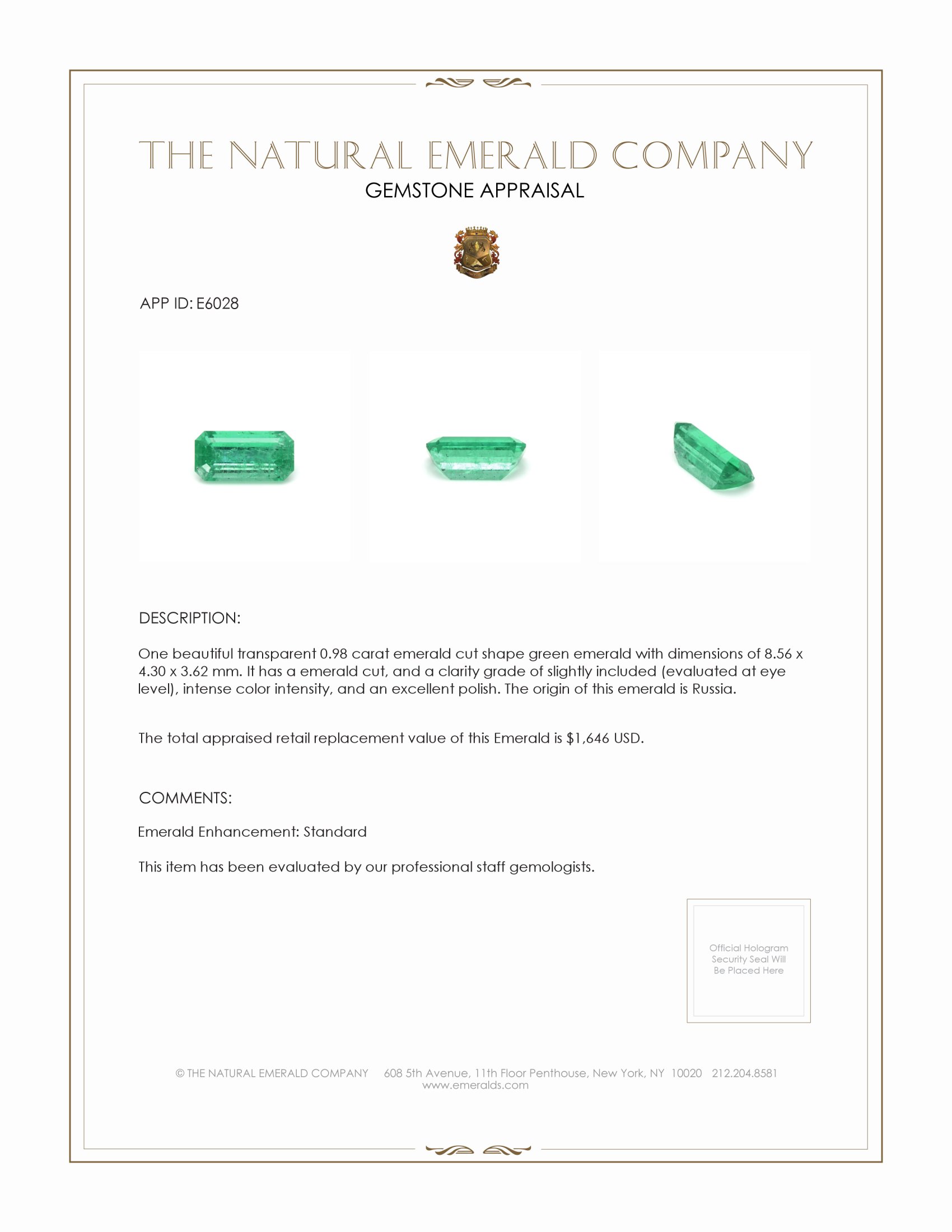 0.98 Ct. Emerald from Russia