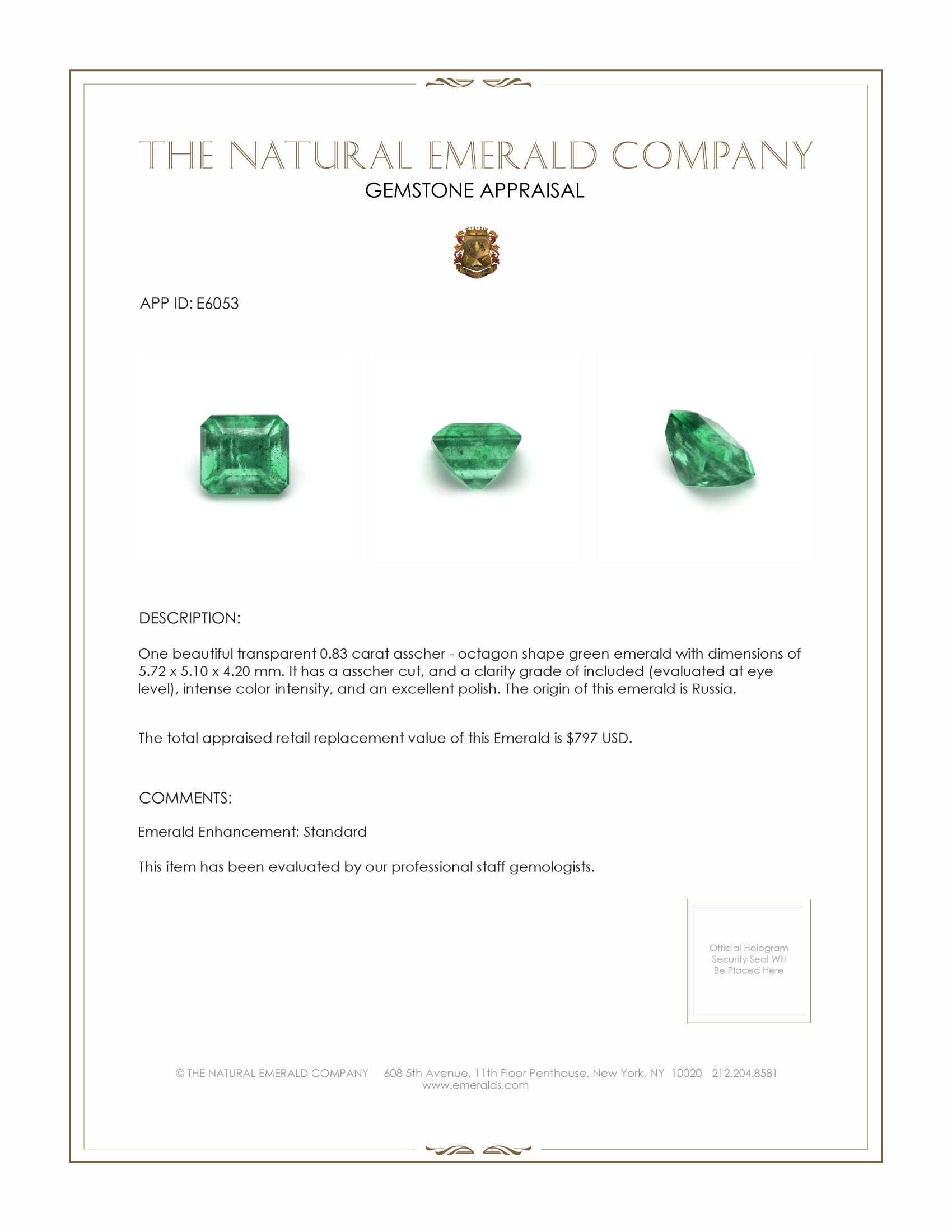 0.83 Ct. Emerald from Russia