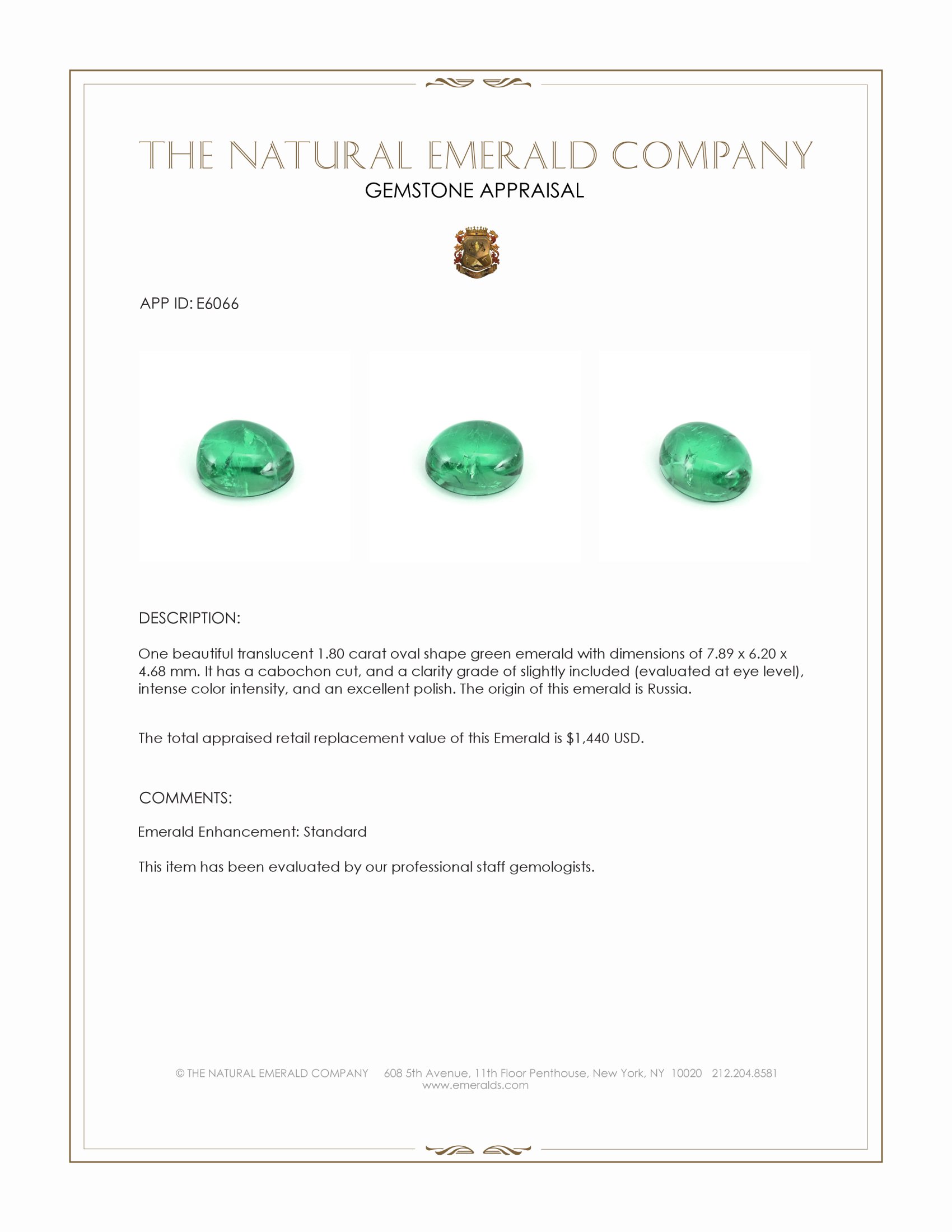 1.80 Ct. Cabochon Emerald from Russia