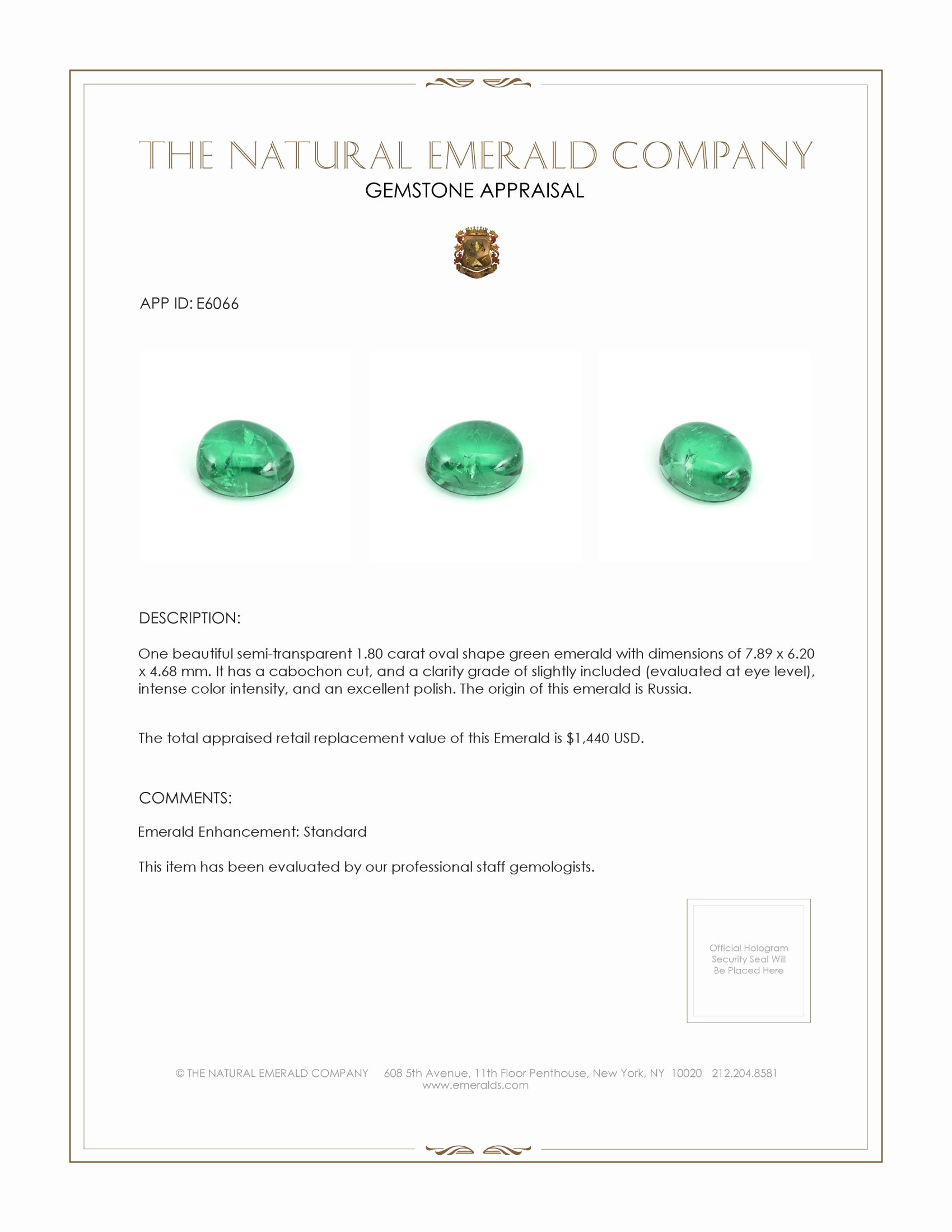 1.80 Ct. Cabochon Emerald from Russia