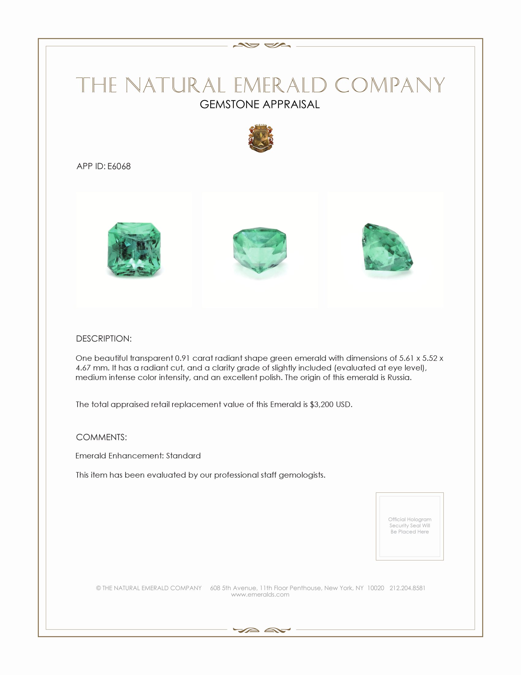 0.91 Ct. Emerald from Russia