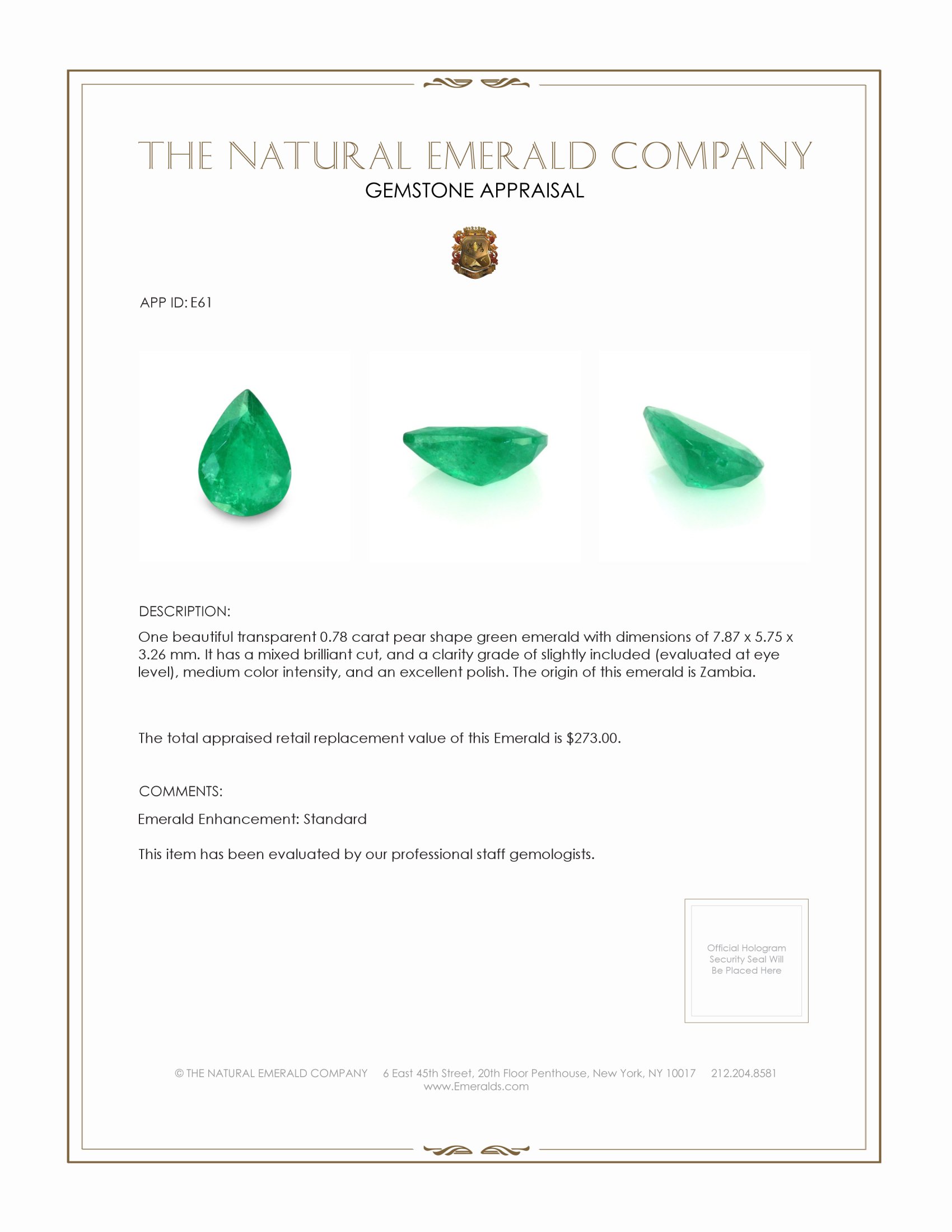 0.78 Ct. Emerald from Zambia