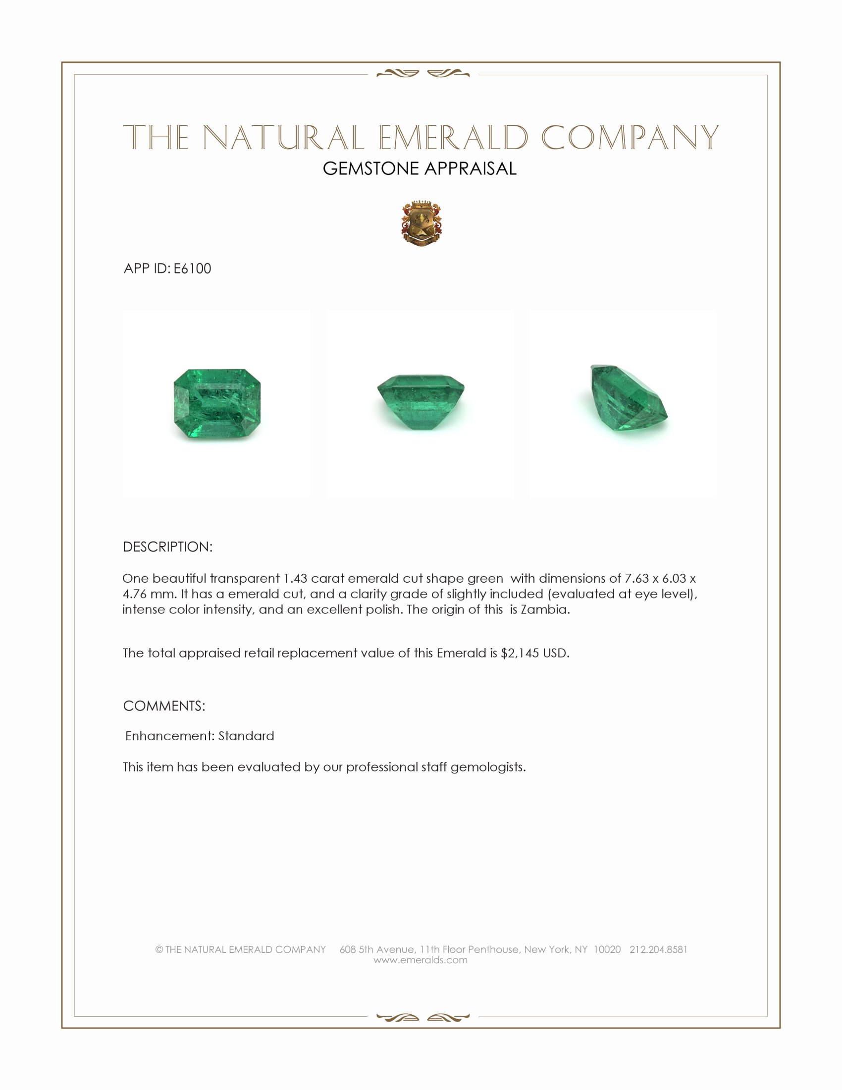 1.43 Ct. Emerald from Zambia