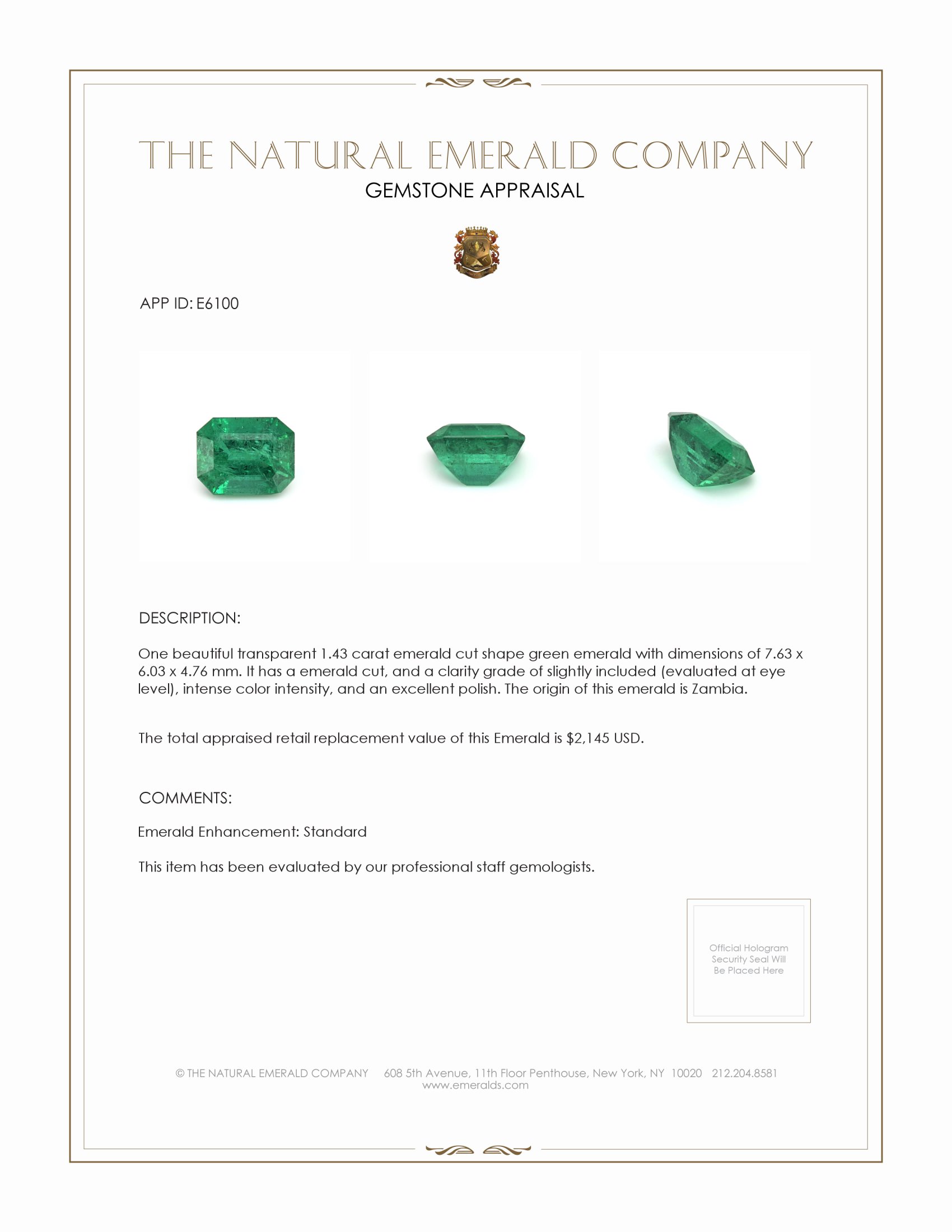 1.43 Ct. Emerald from Zambia