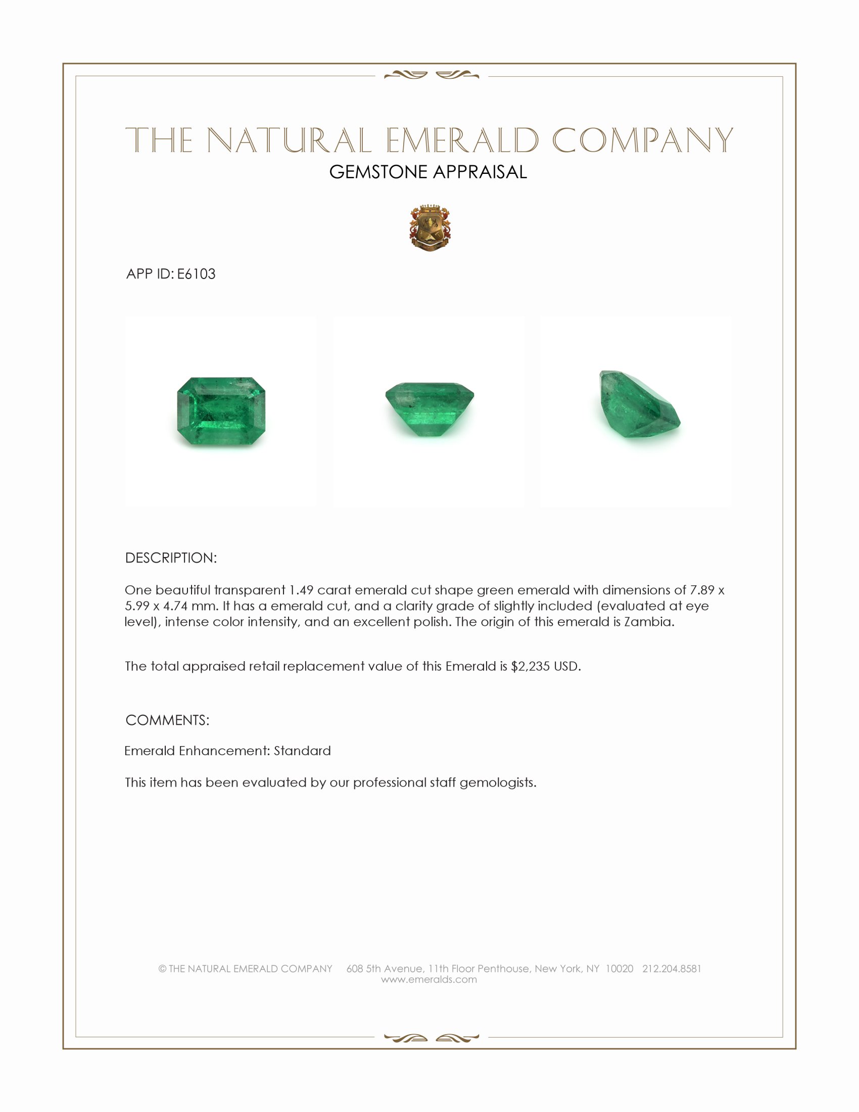 1.49 Ct. Emerald from Zambia