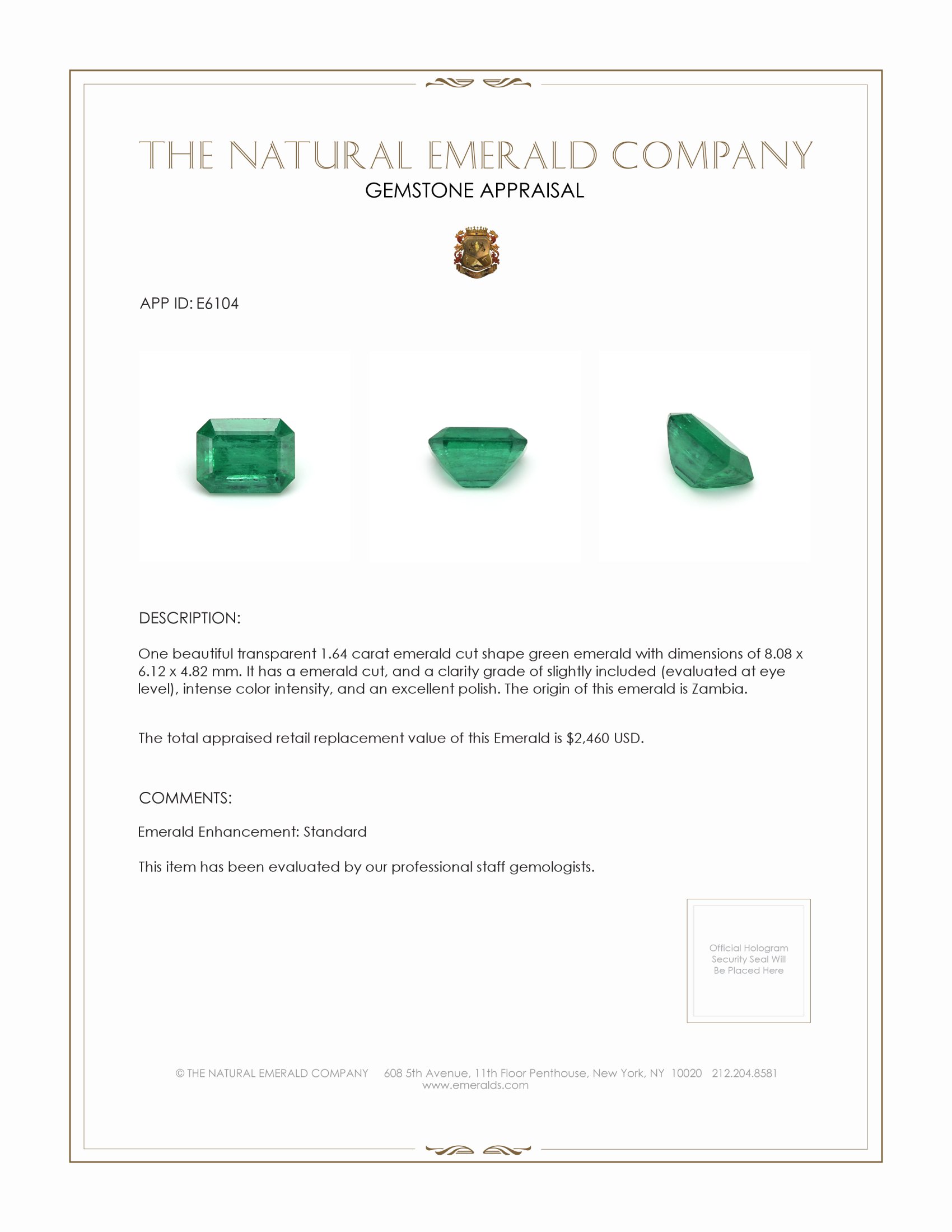 1.64 Ct. Emerald from Zambia