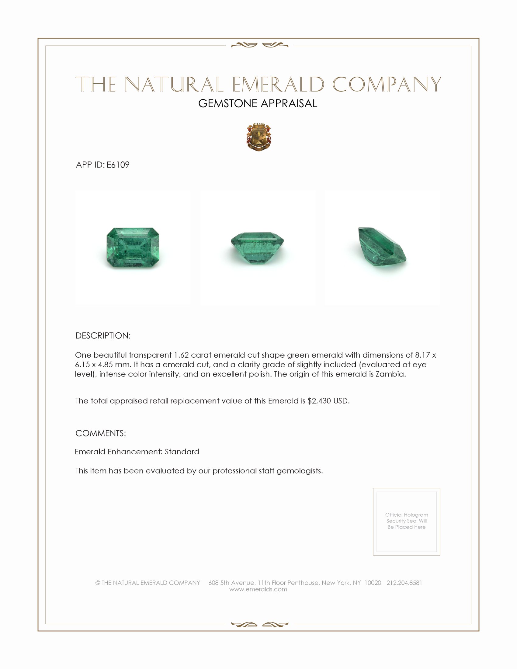 1.62 Ct. Emerald from Zambia