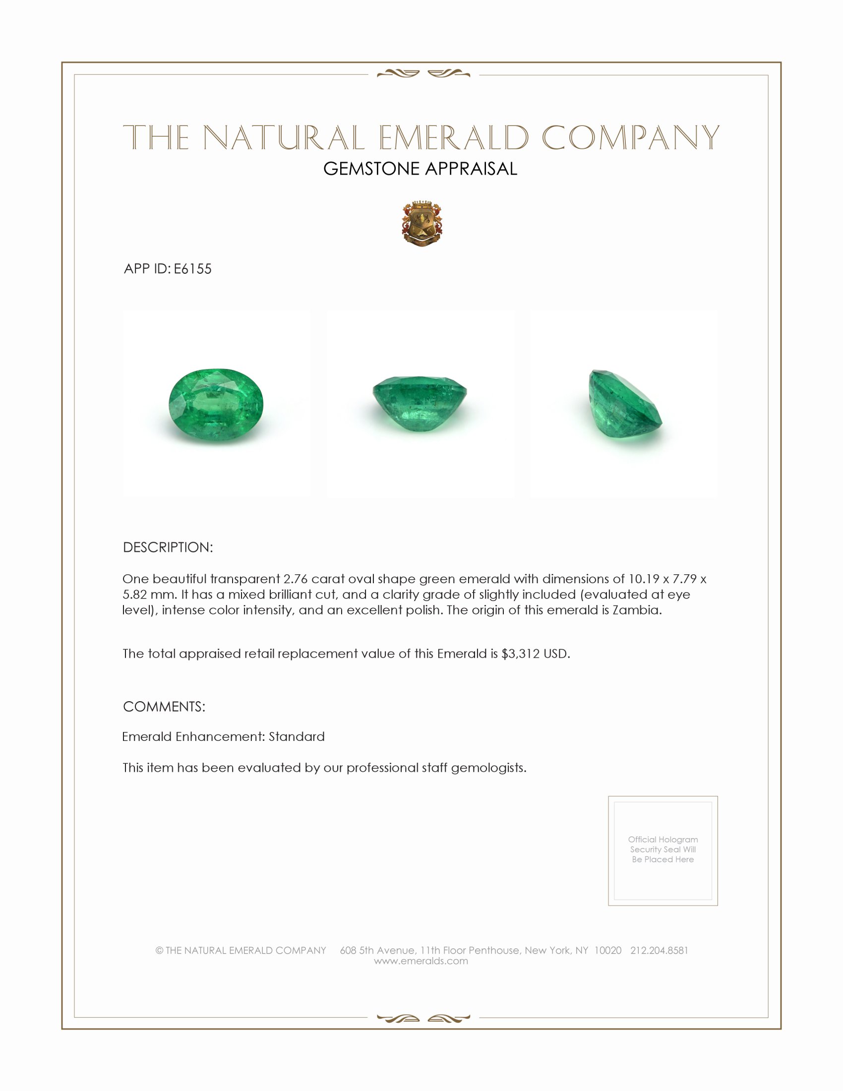 2.76 Ct. Emerald from Zambia