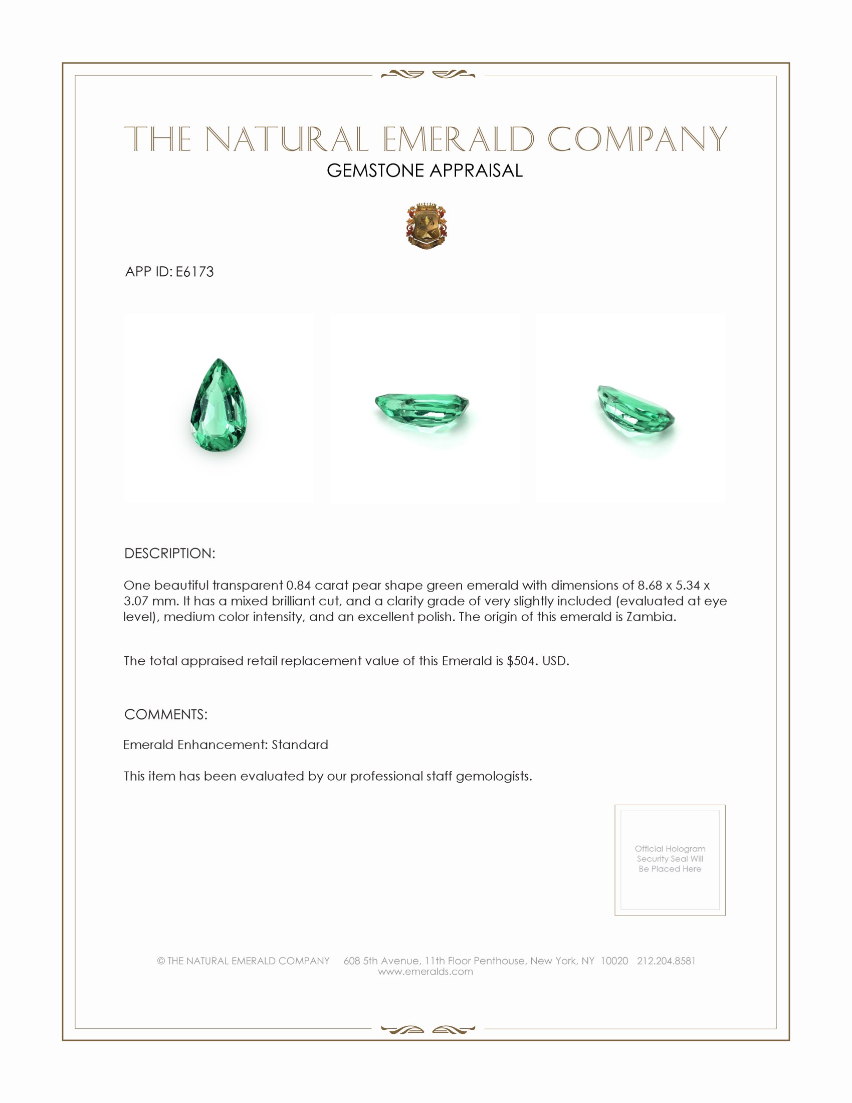 0.84 Ct. Emerald from Zambia