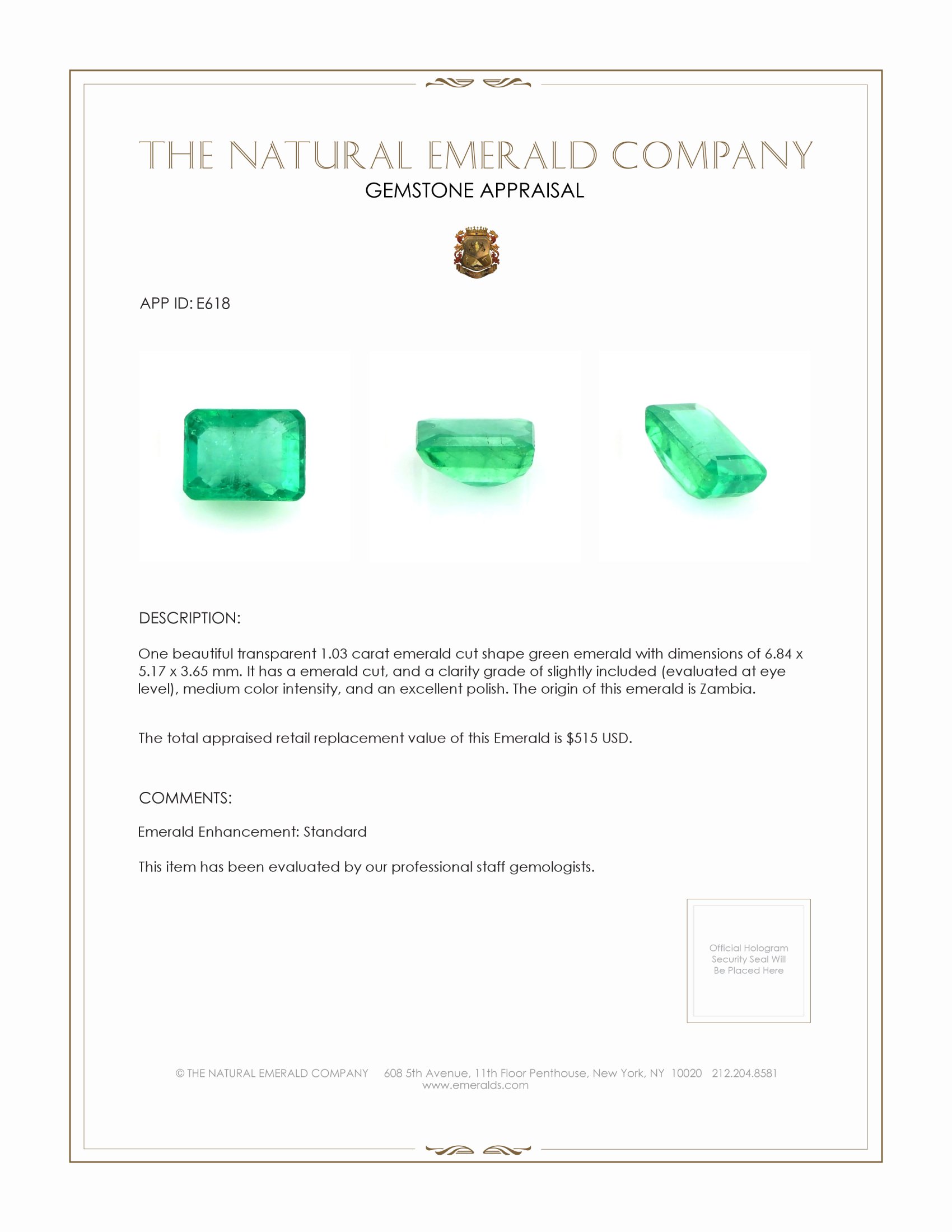 1.03 Ct. Emerald from Zambia