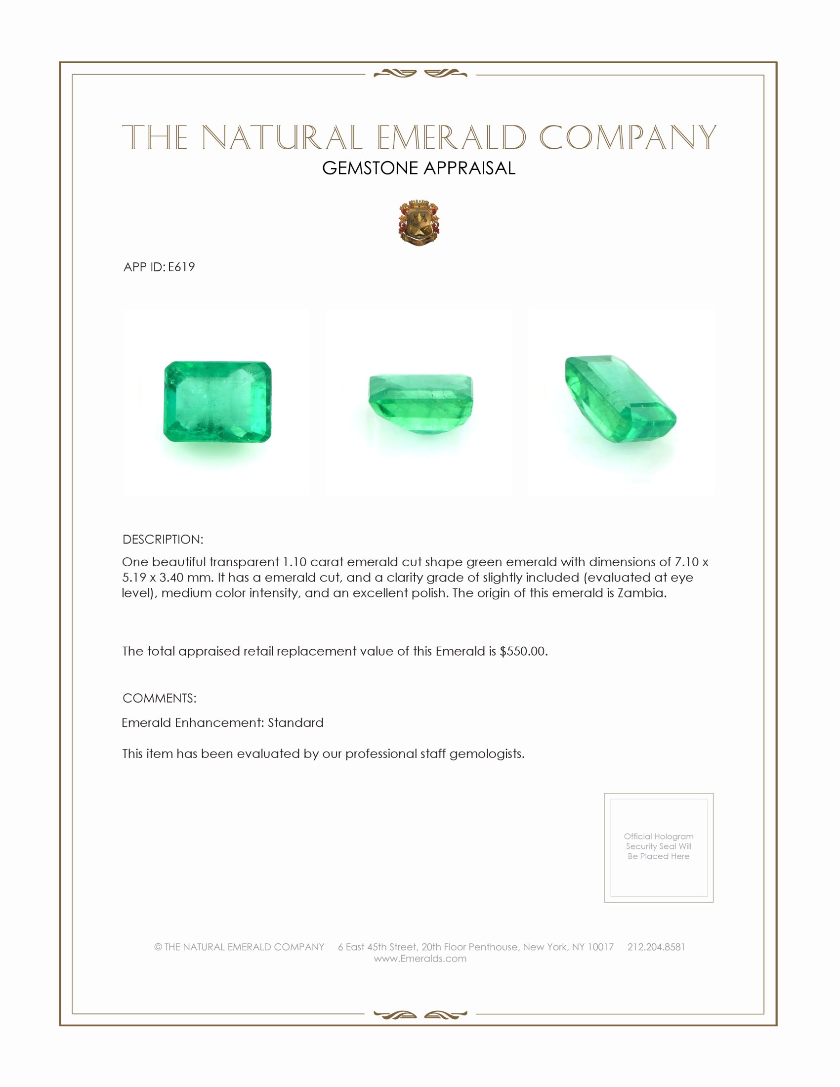 1.10 Ct. Emerald from Zambia