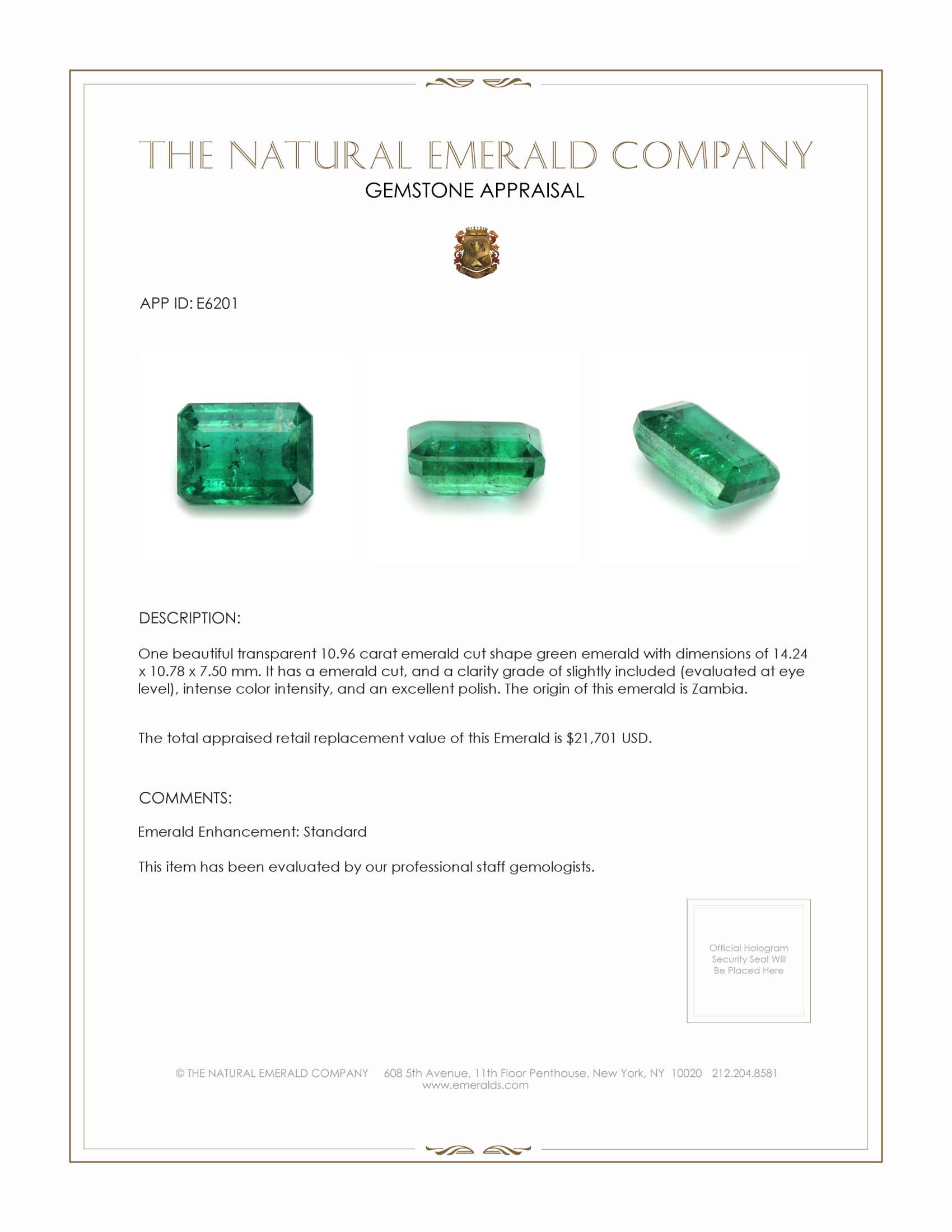 10.96 Ct. Emerald from Zambia