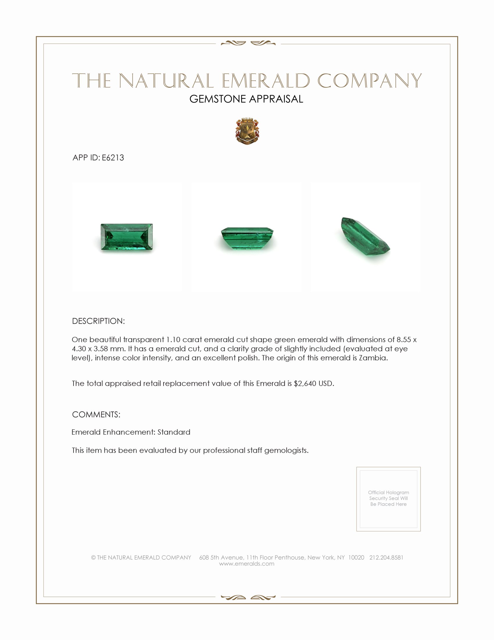 1.10 Ct. Emerald from Zambia