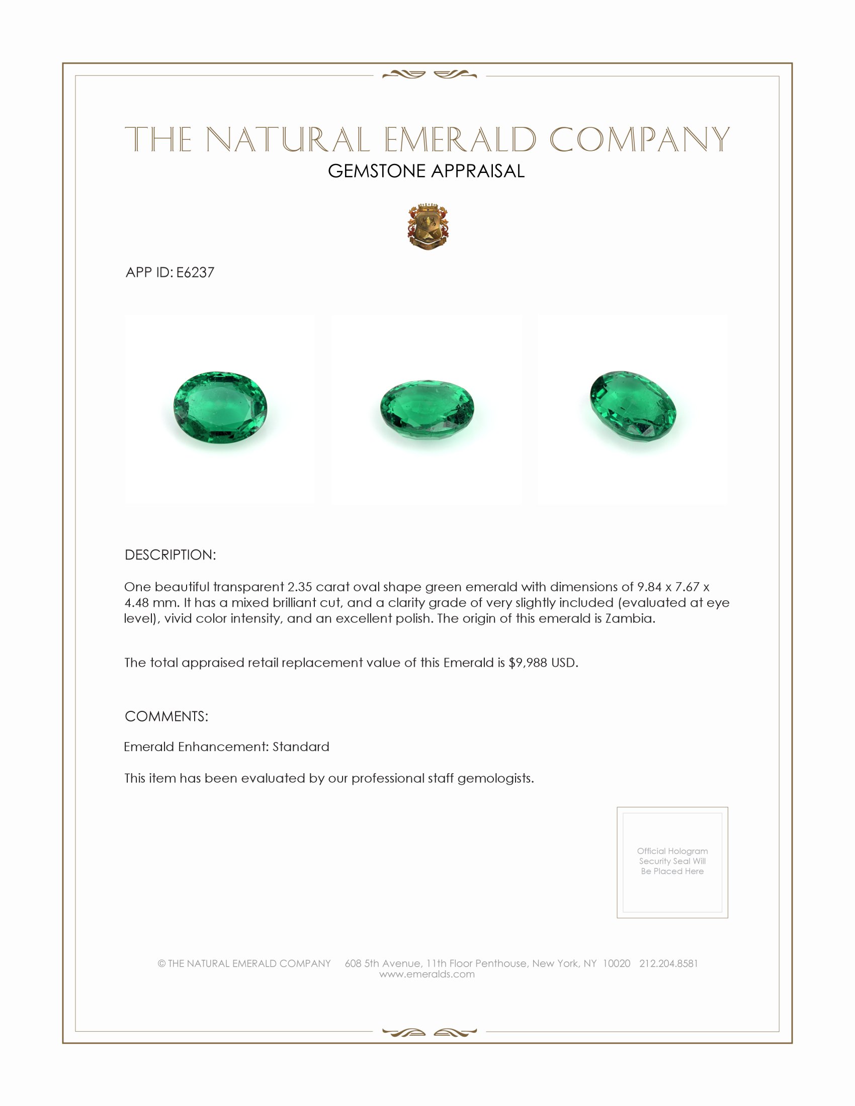 2.35 Ct. Emerald from Zambia