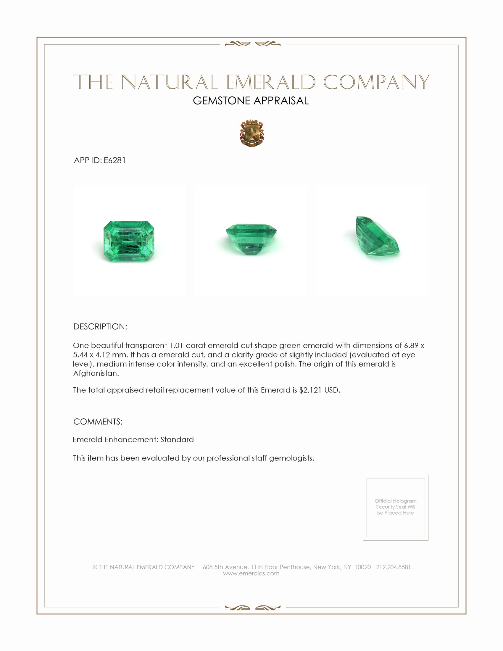 1.01 Ct. Emerald from Afghanistan